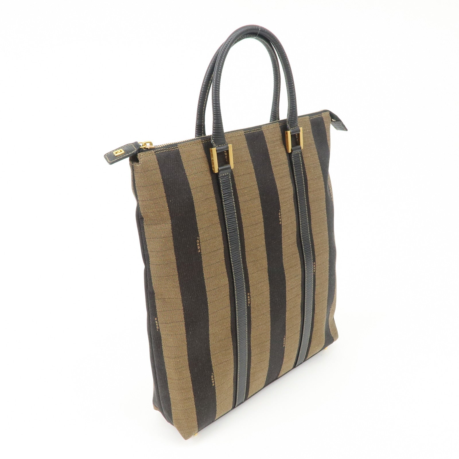 FENDI Pequin Canvas Leather Hand Bag Tote Bag Black Brown