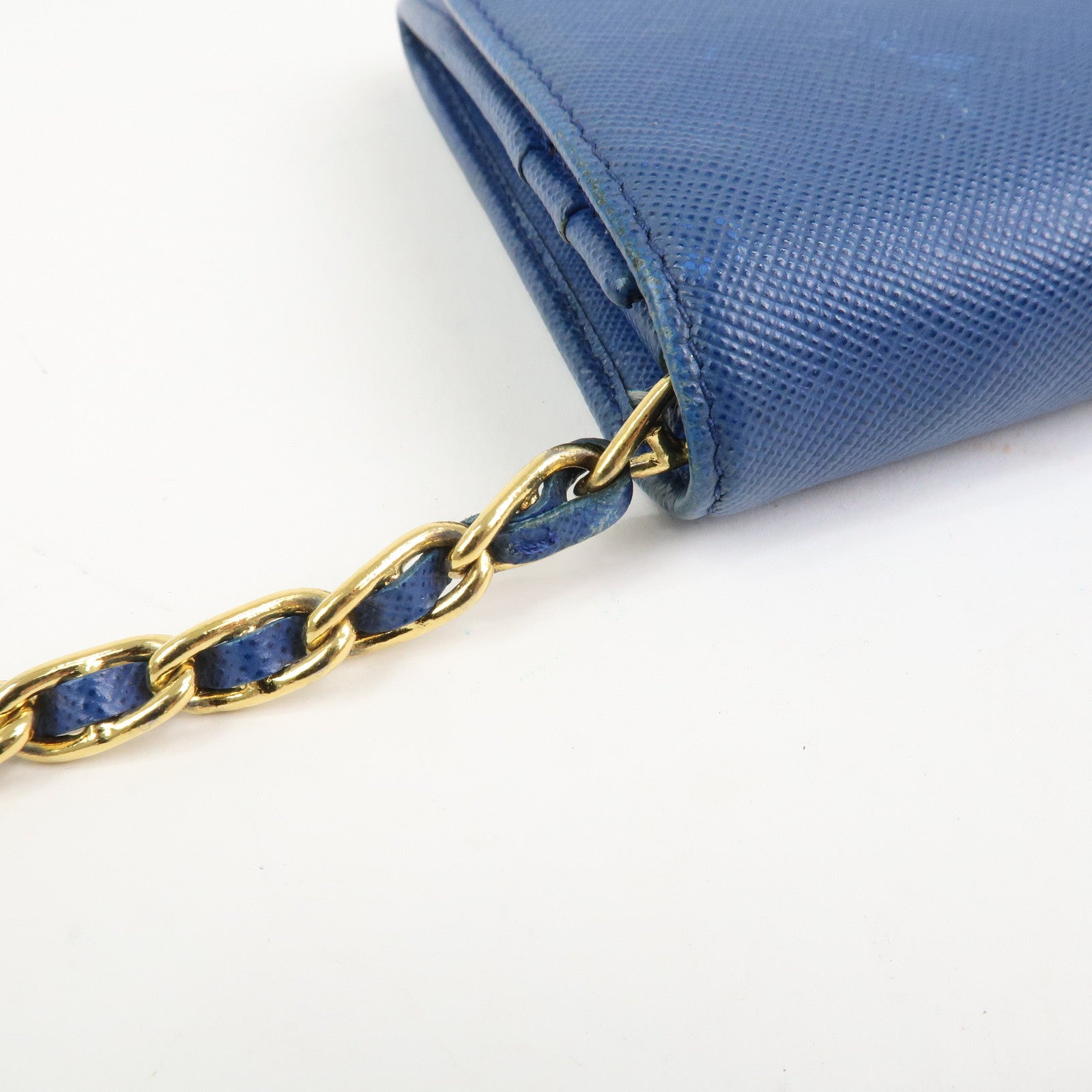 PRADA Logo Saffiano Leather Chain Shoulder Wallet WOC Blue 1M1290