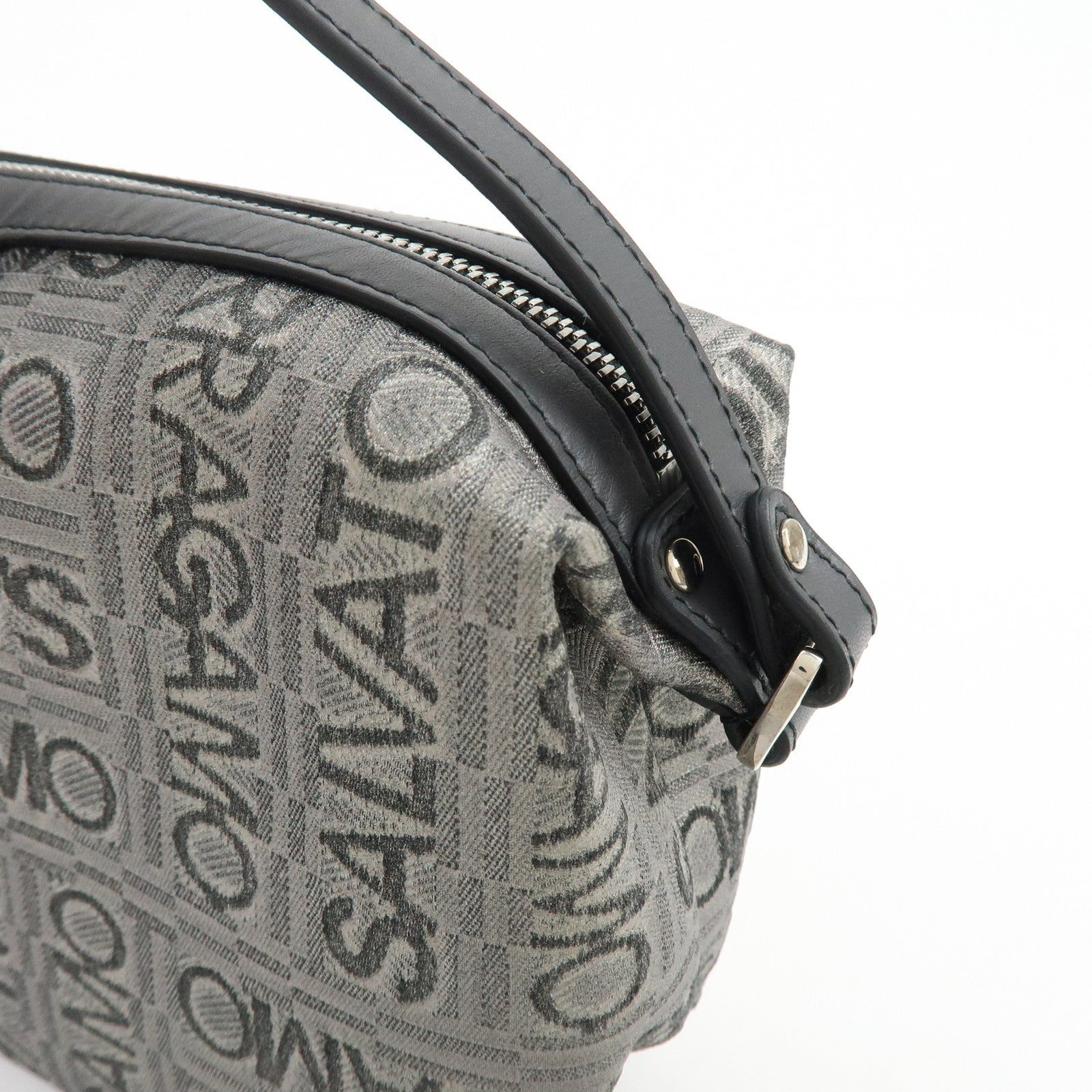 Ferragamo Gancini Logo Canvas Leather Hand Bag Pouch Silver Black