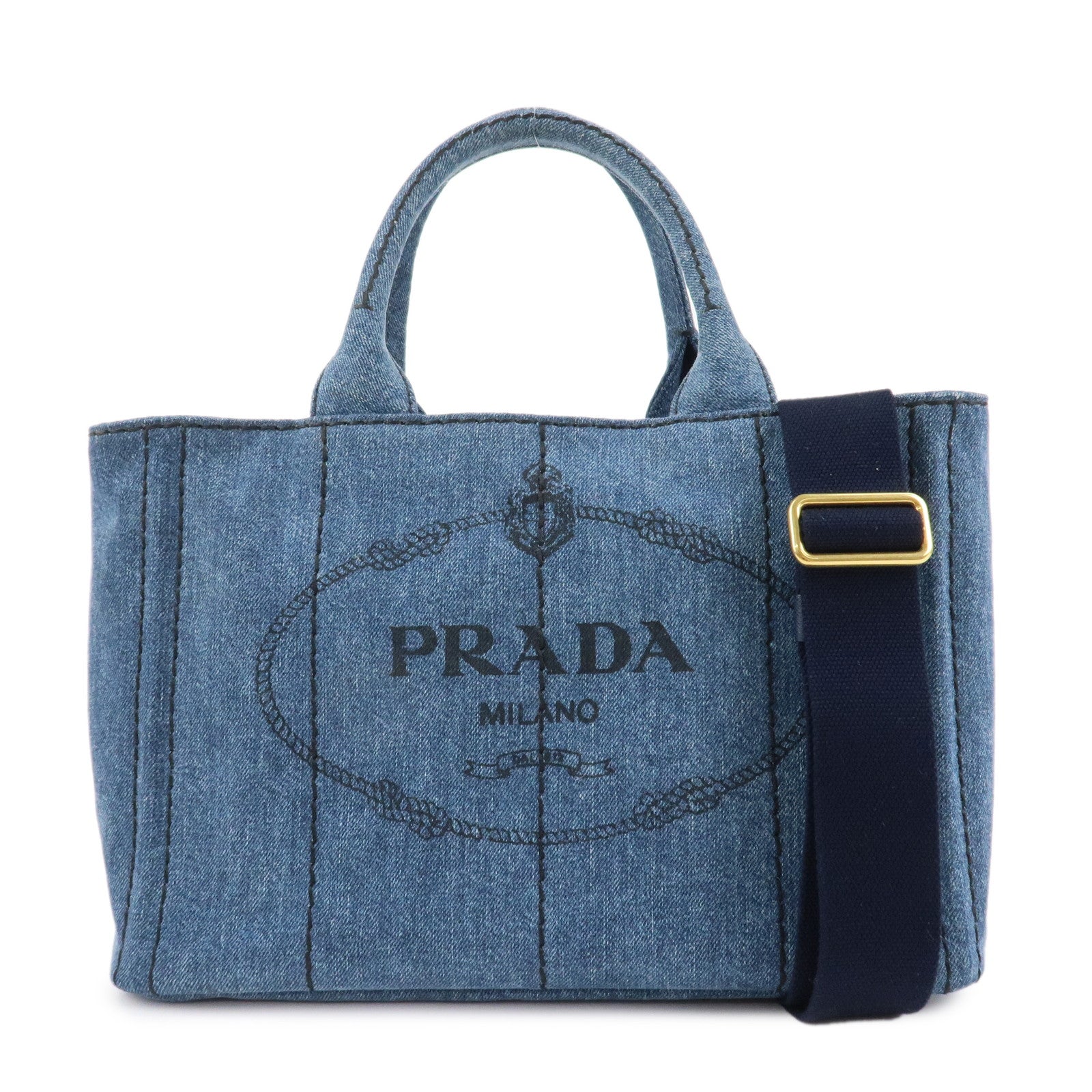 PRADA Logo Canapa Mini Denim 2Way Tote Bag Shoulder Bag Blue 1BG439 Used