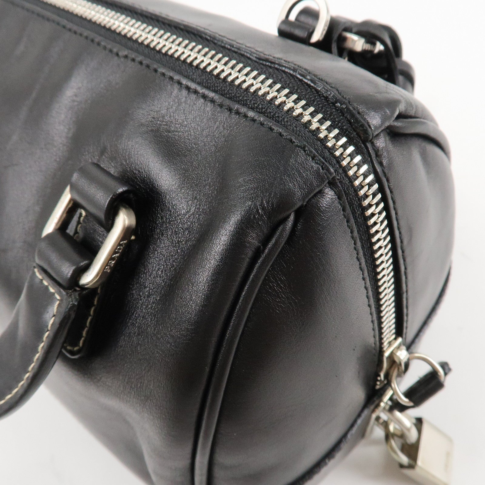 PRADA Leather Mini Boston Bag Hand Bag Black Used