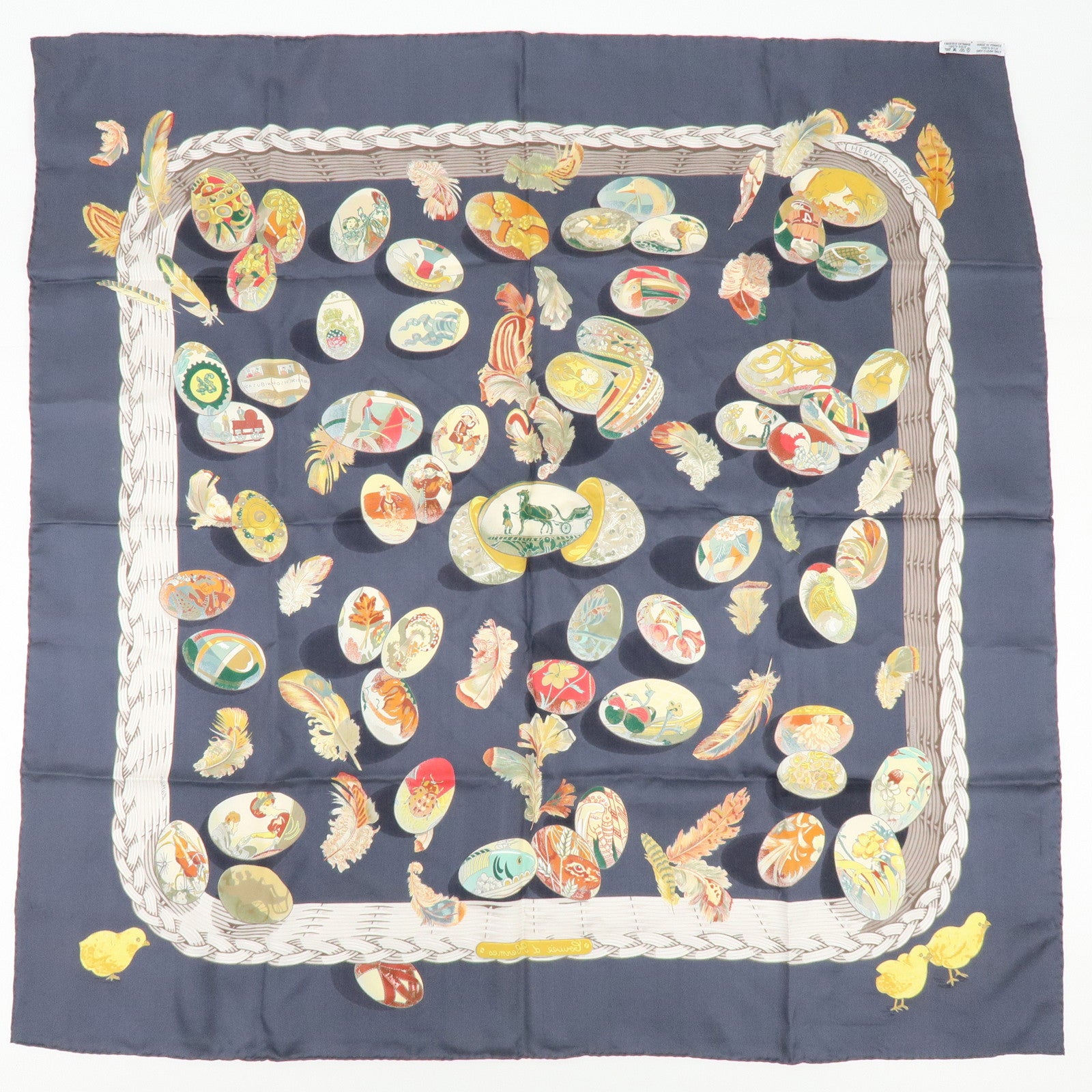 HERMES Carre 90 Silk 100% Scarf COUVEE D HERMES Egg Print Grey