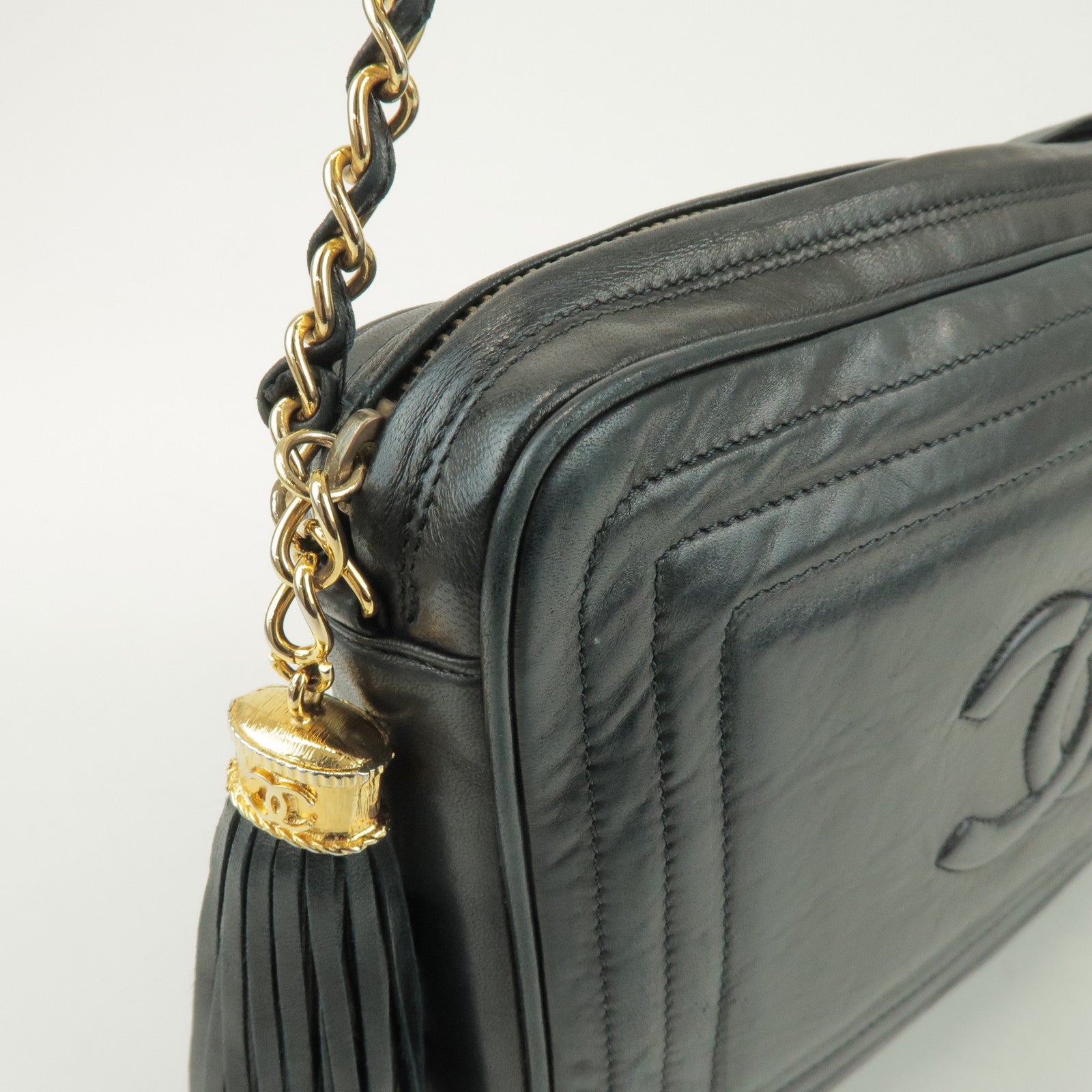 CHANEL COCO Mark Lamb Skin Chain Shoulder Bag Tassel Charm Black