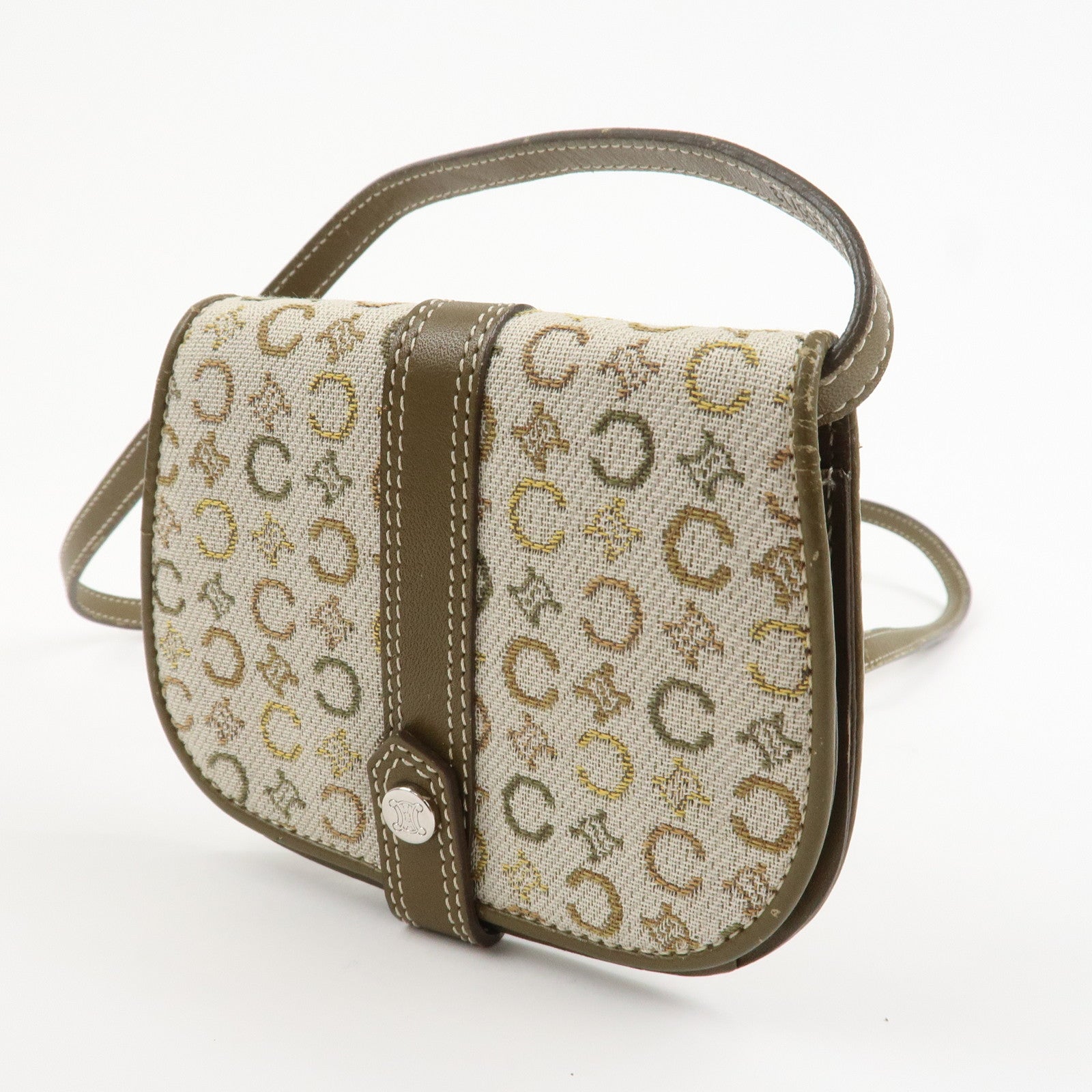 CELINE C Macadam Canvas Leather Shoulder Pouch Khaki