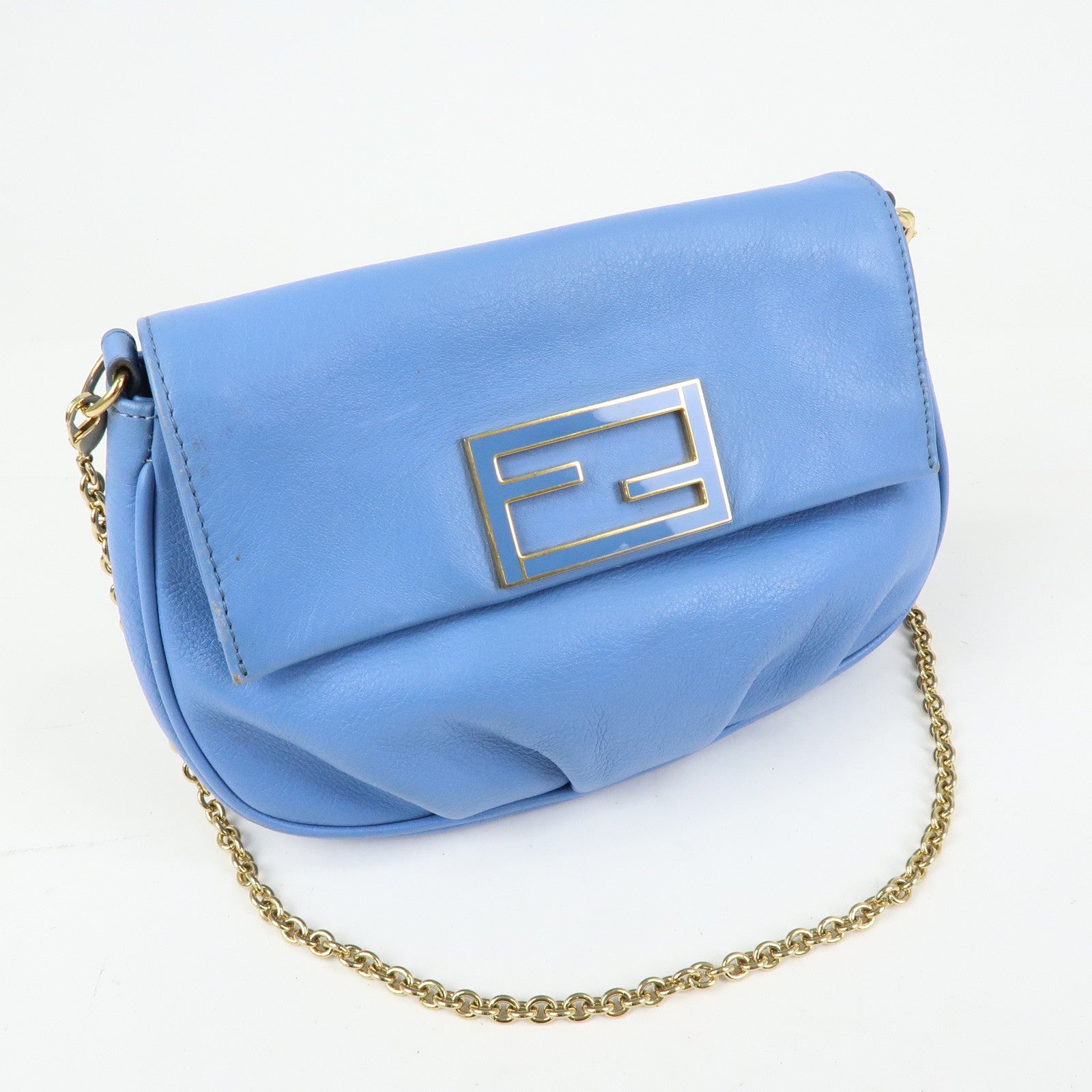 FENDI Leather Chain Shoulder Bag Crossbody Bag Light Blue 8M0276