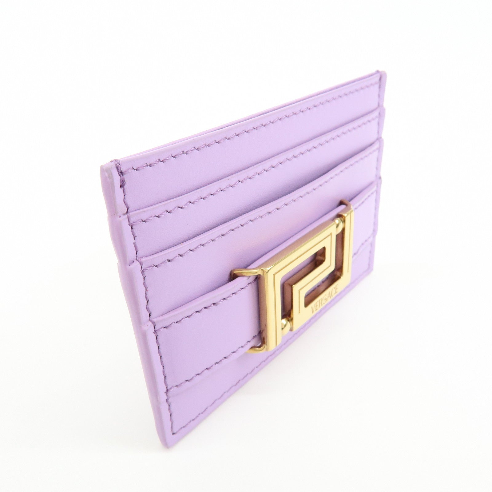 VERSACE Logo Leather Card Case Card Wallet Light Purple Gold