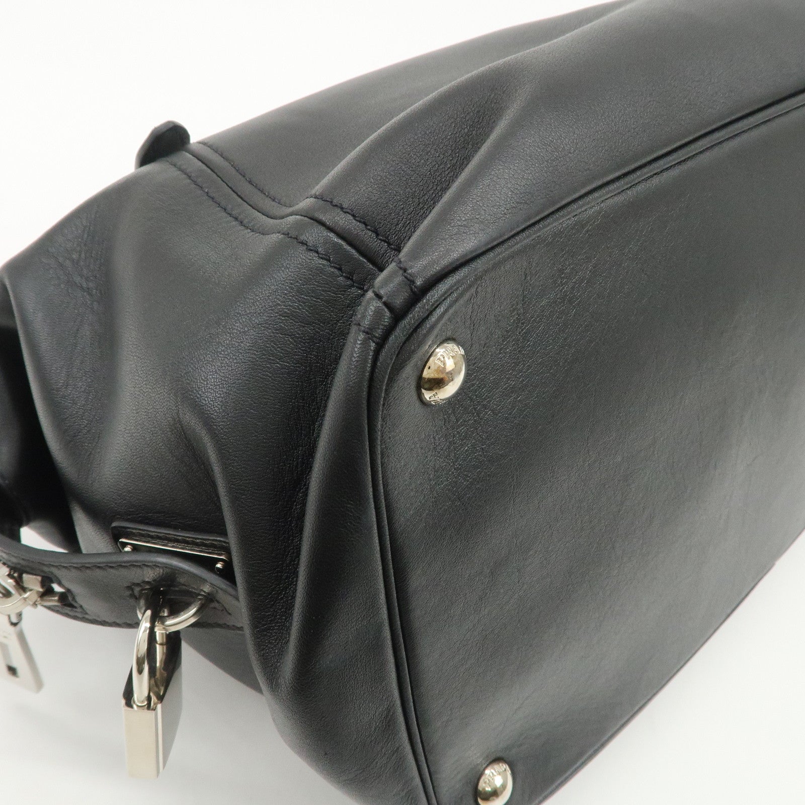 PRADA Triangle Logo Leather Boston Bag Shoulder Bag Black BR4998