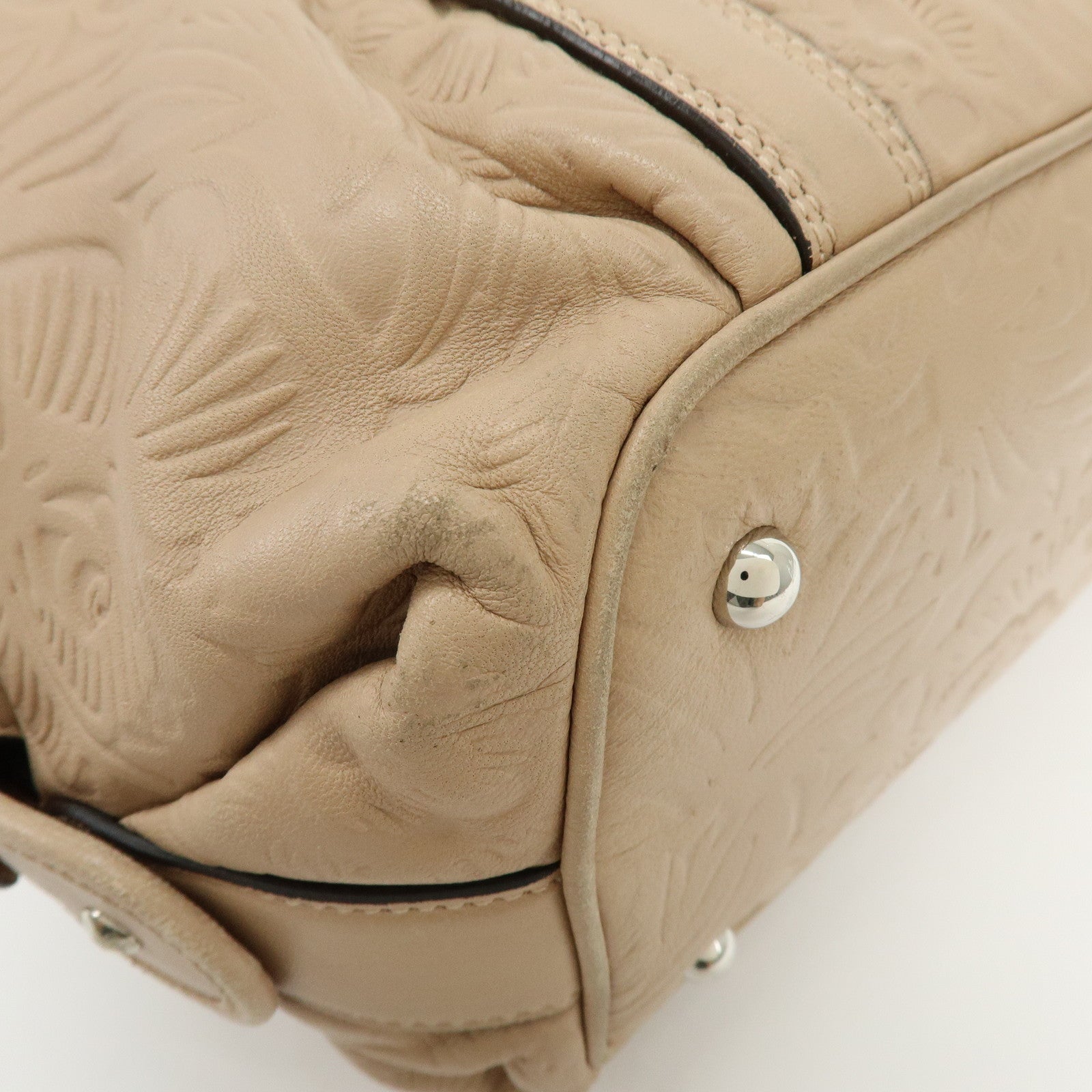 LOEWE Anagram Leather Mini Boston Bag Tote Hand Shoulder Bag Beige