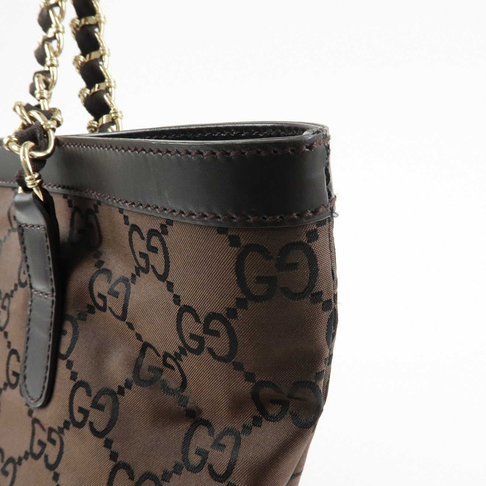 GUCCI GG Nylon Leather Chain Tote Bag Shoulder Bag Brown 196750