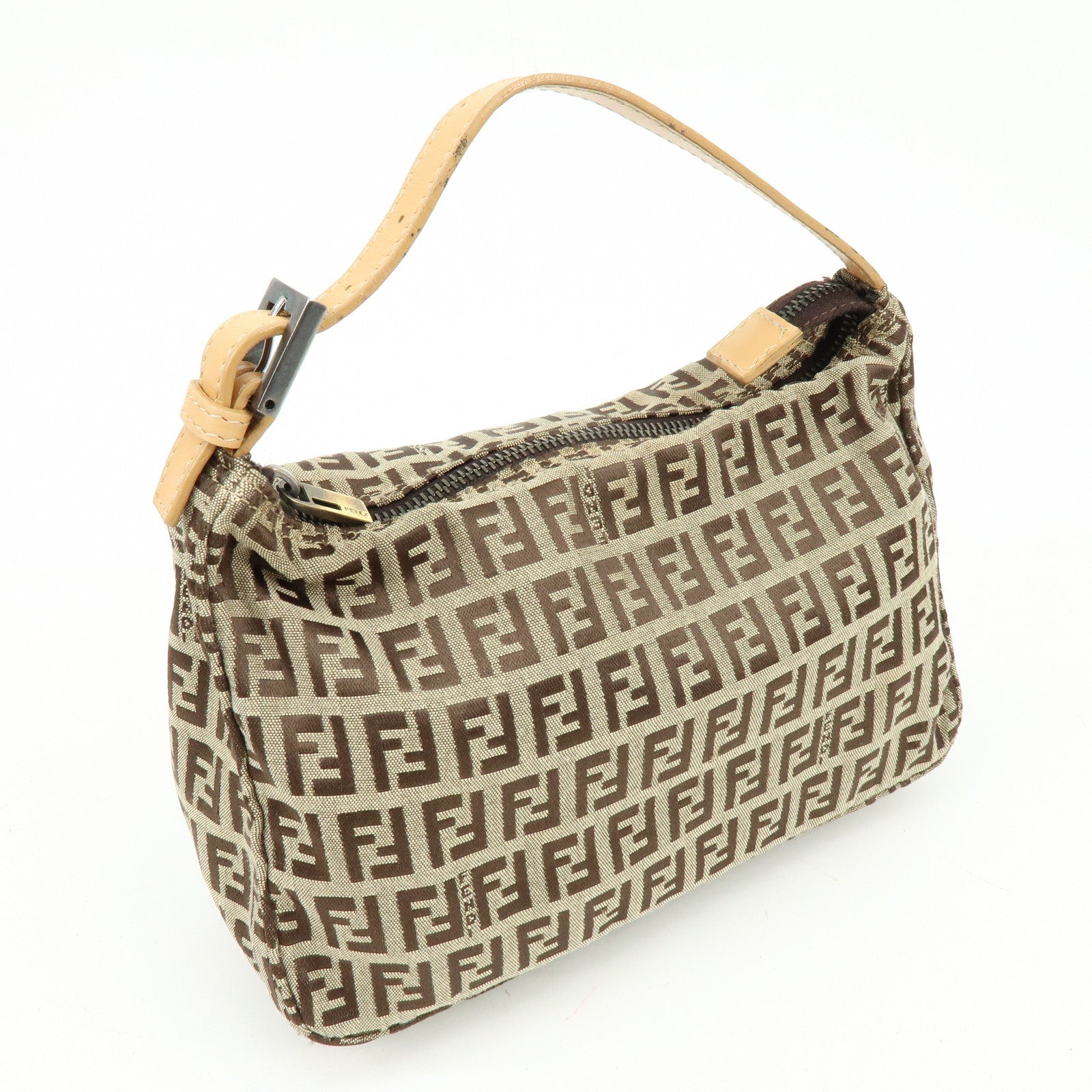 FENDI Zucchino Canvas Leather Hand Bag Beige 8N0005