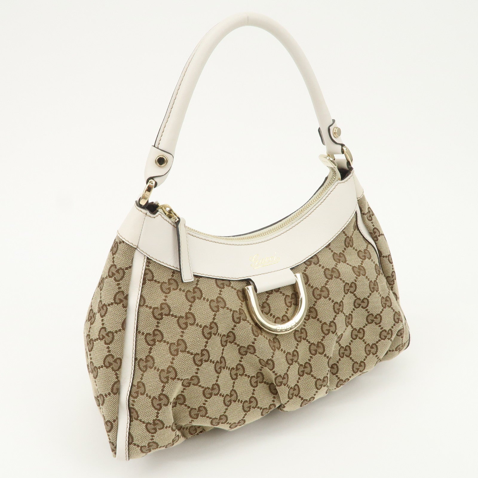 GUCCI Abbey Leather GG Canvas Shoulder Bag Beige White 190525