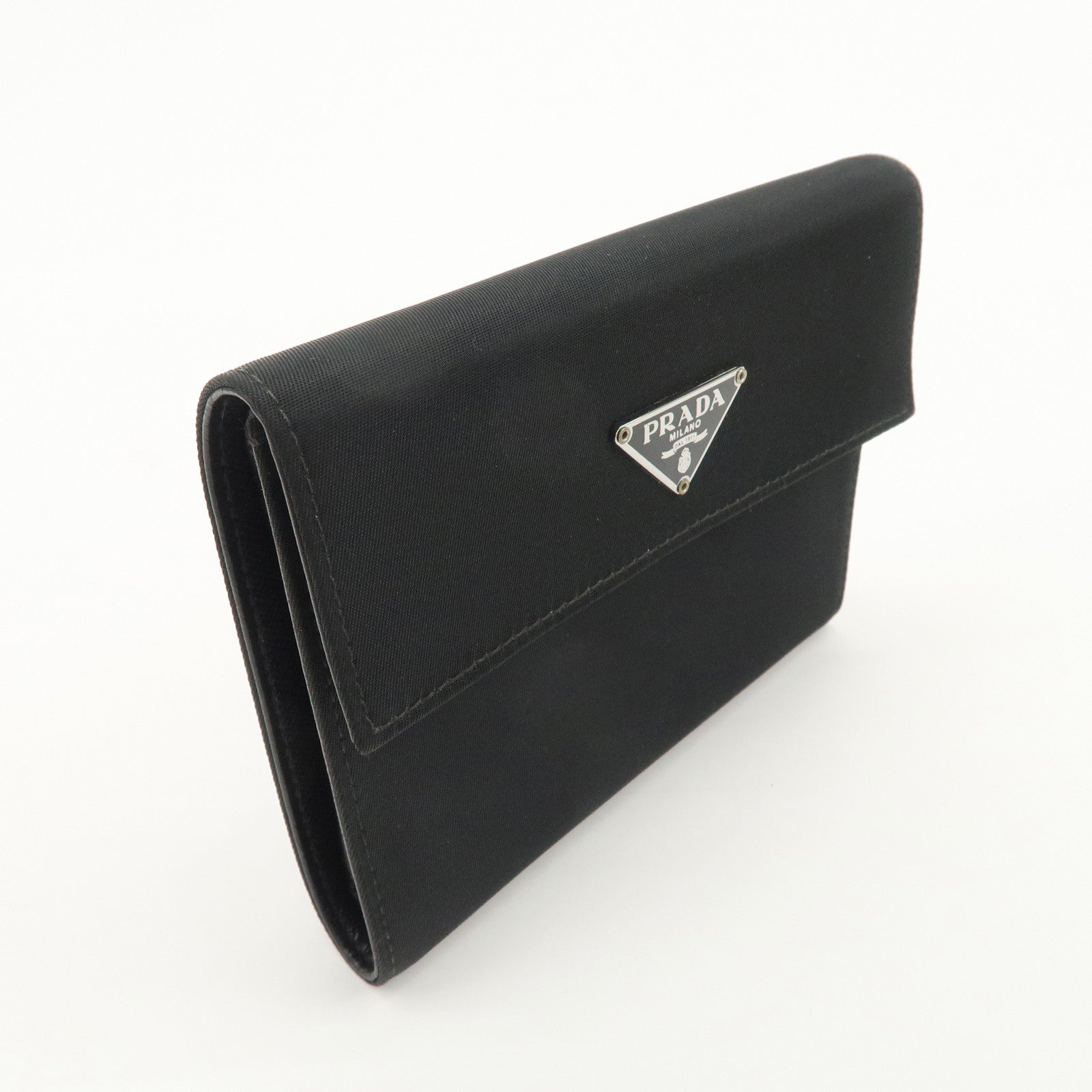 PRADA Triangle Logo Nylon Leather Tri-fold Compact Wallet Black