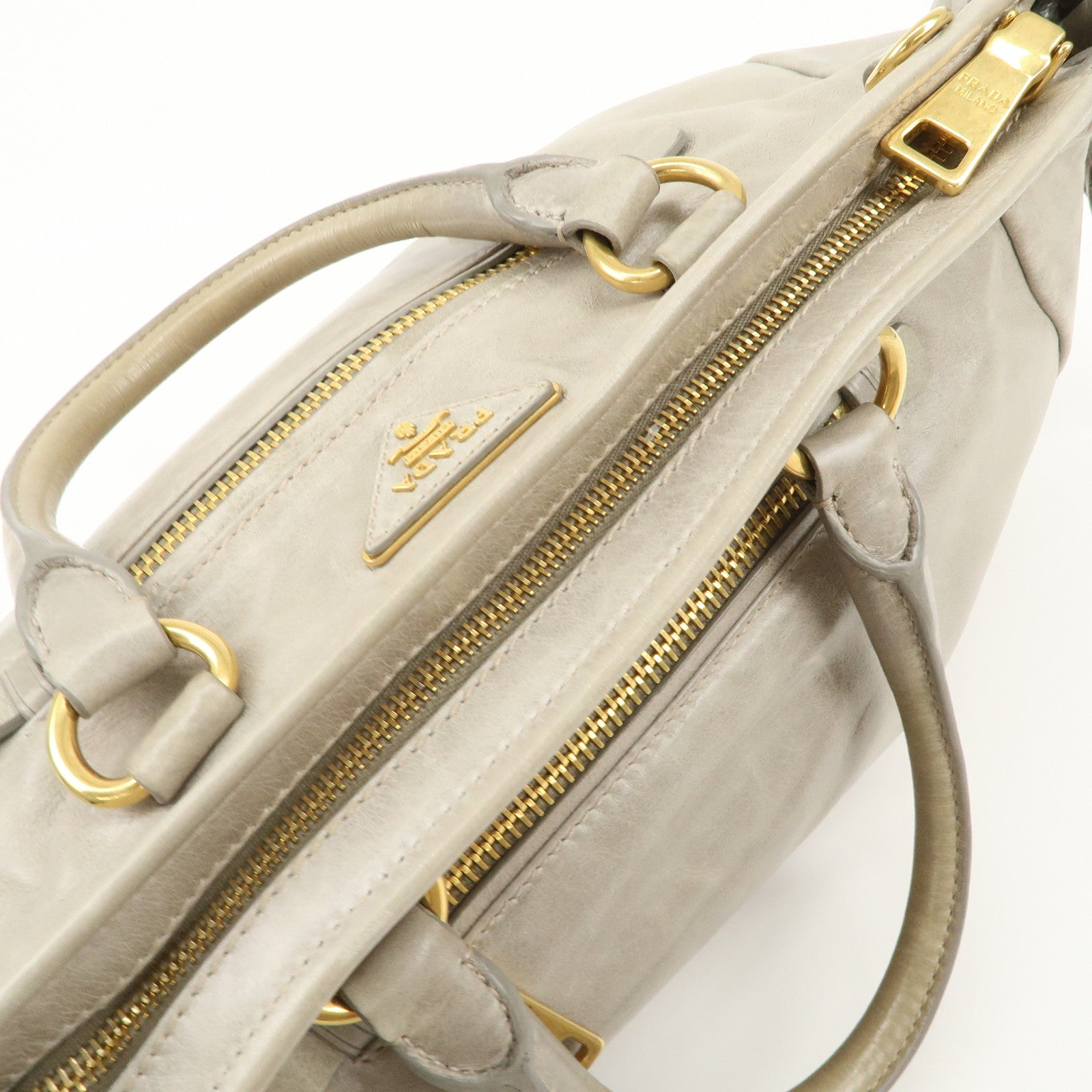 PRADA Triangle Logo VITELLOSHINE Leather 2Way Bag Hand Bag Gray BN1921 Used