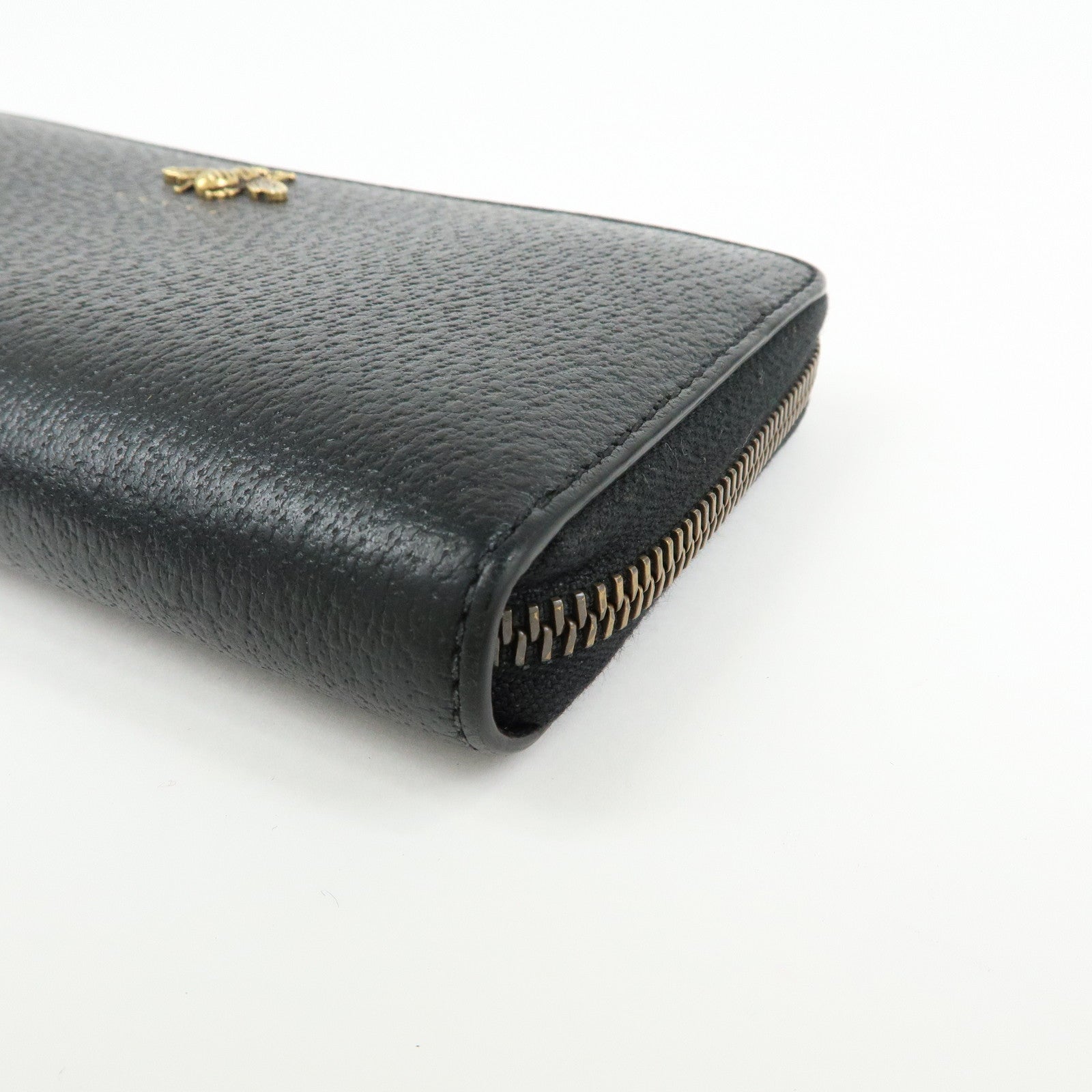 GUCCI Animalier Bee Leather Zip-Around Long Wallet Black 523667