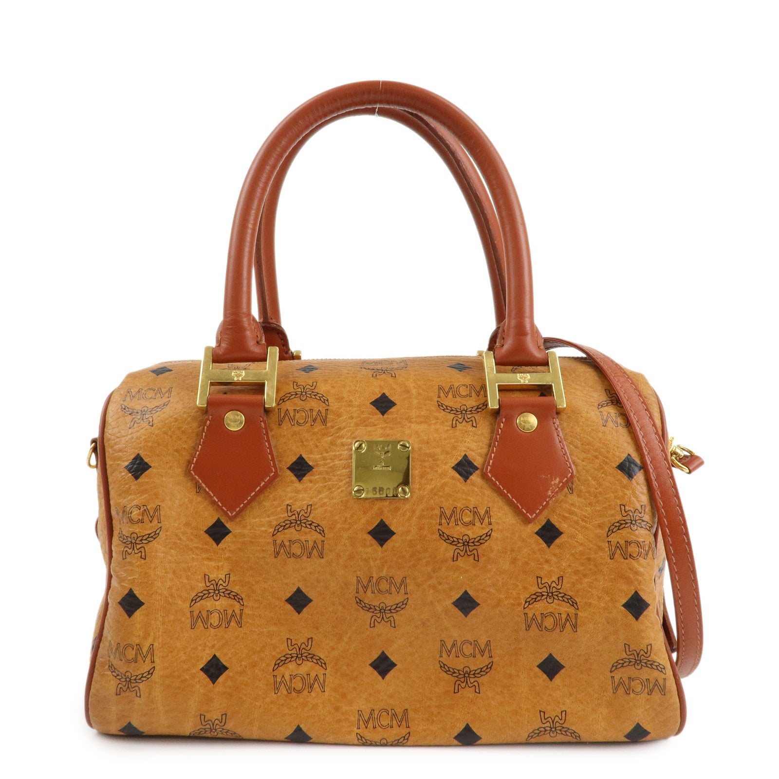 MCM Visetos Leather 2WAY Boston Bag Shoulder Bag Brown Gold HDW Used