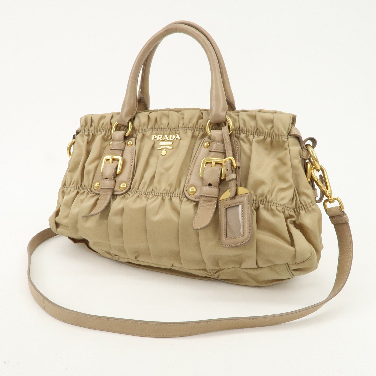 PRADA Logo Nylon Leather 2Way Shoulder Bag Hand Bag Beige BN1407