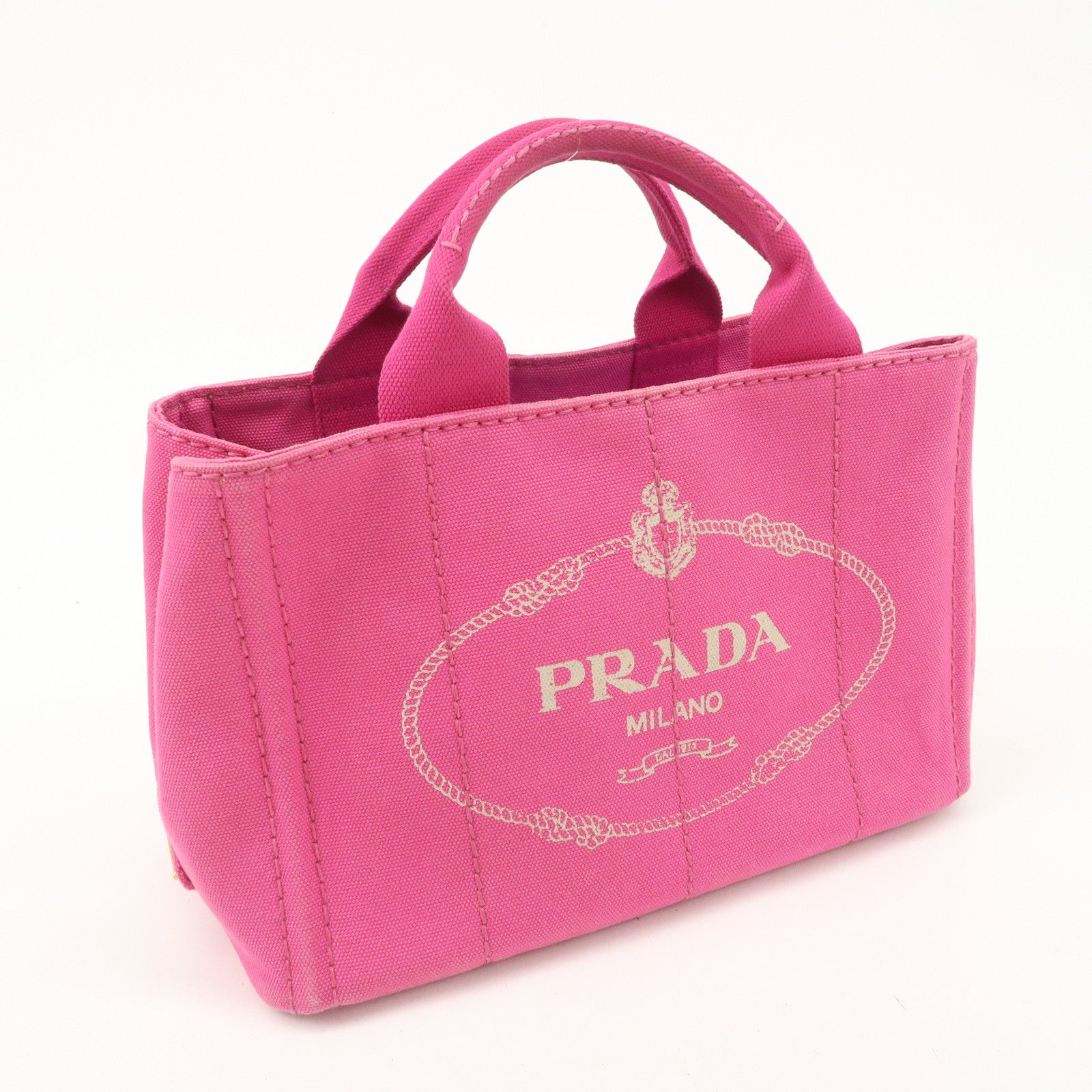 PRADA Logo Canapa Mini Canvas Tote Bag Hand Bag Pink BN2439 Used