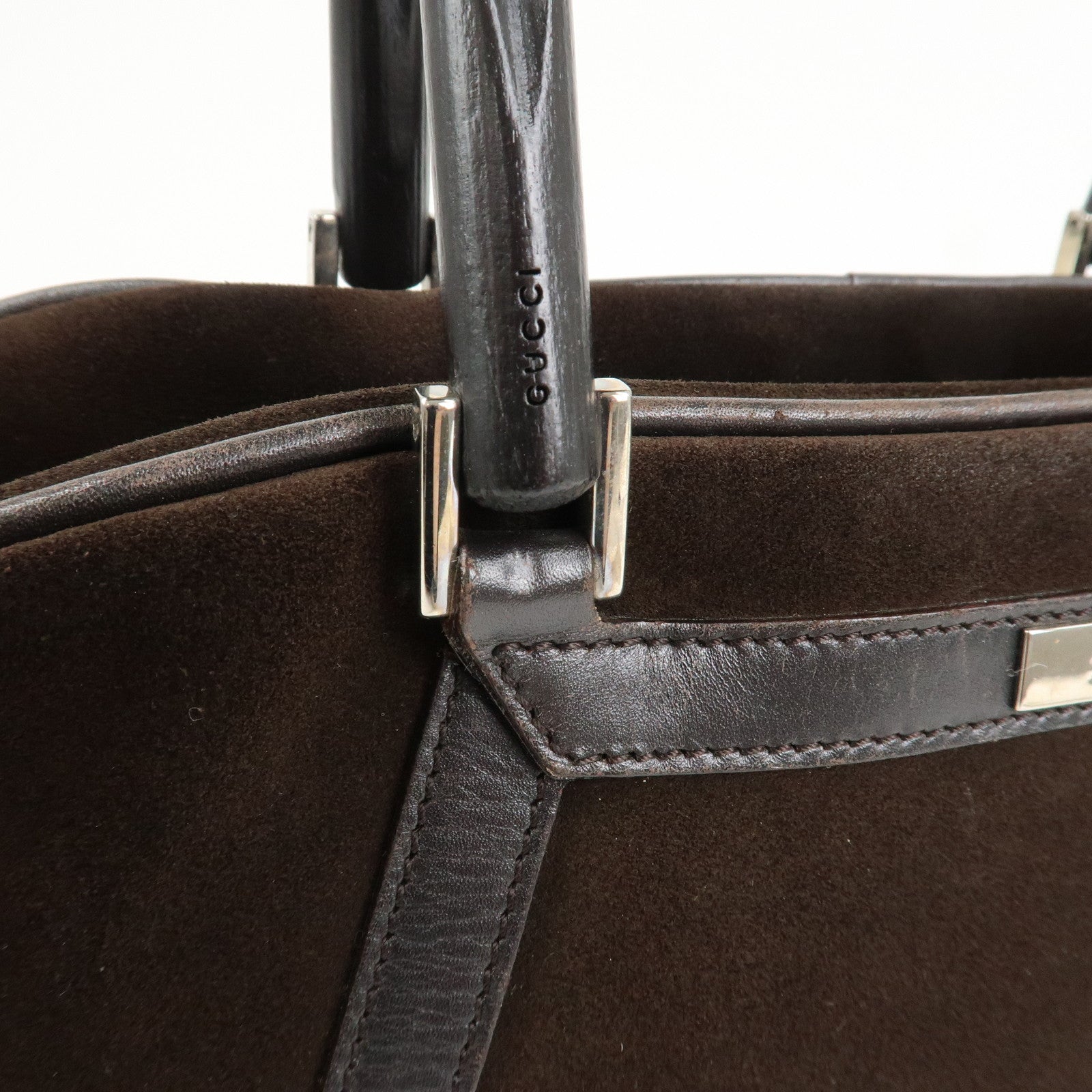 GUCCI Bamboo Suede Leather Hand Bag Dark Brown 002.1084