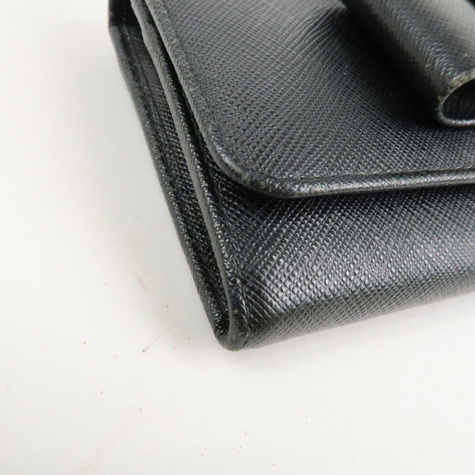 PRADA Saffiano Leather Flap Bi-Fold Long Wallet Black Gold 1MH132 Used