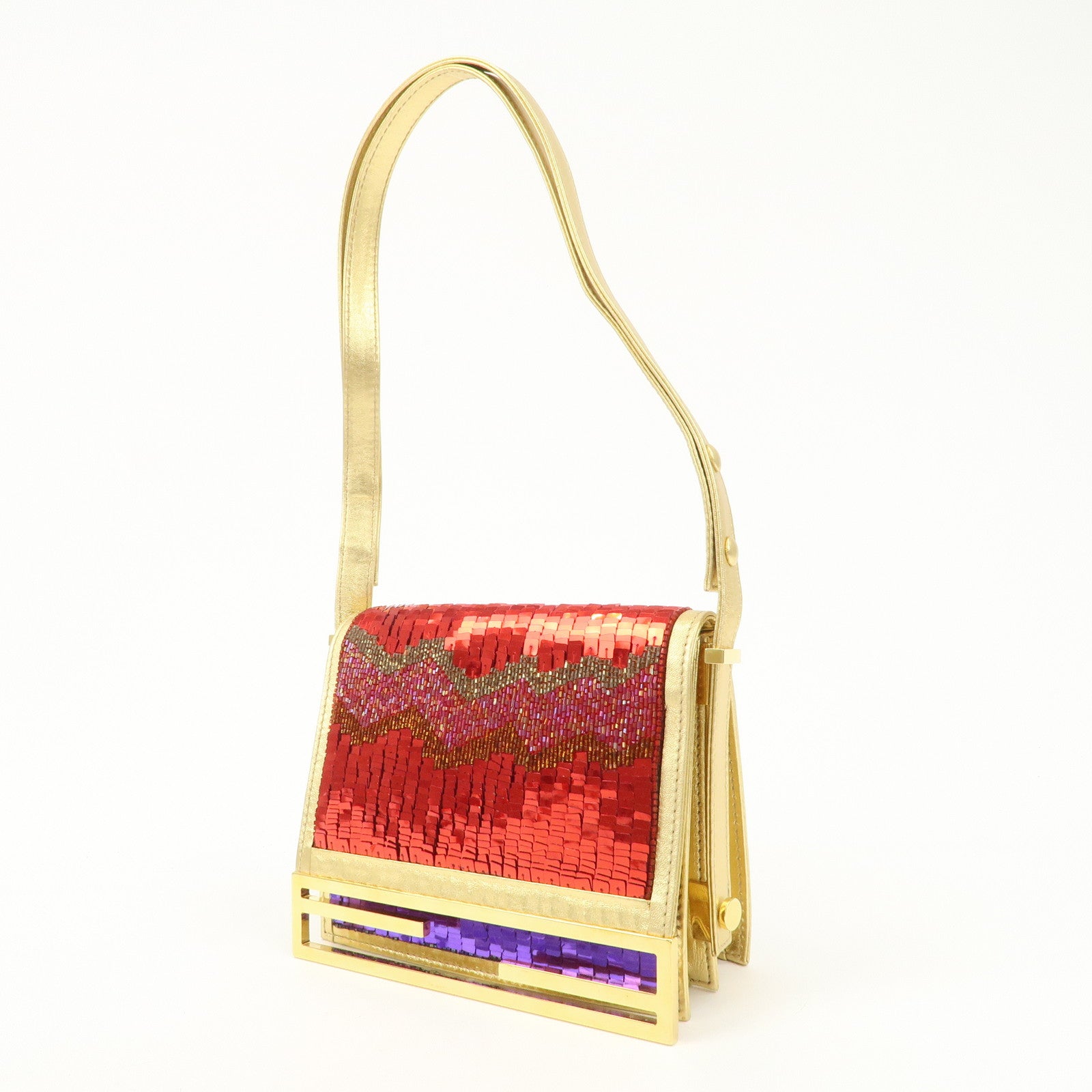 FENDI Leather Sequin Shoulder Bag Crossbody Bag Gold Red Purple