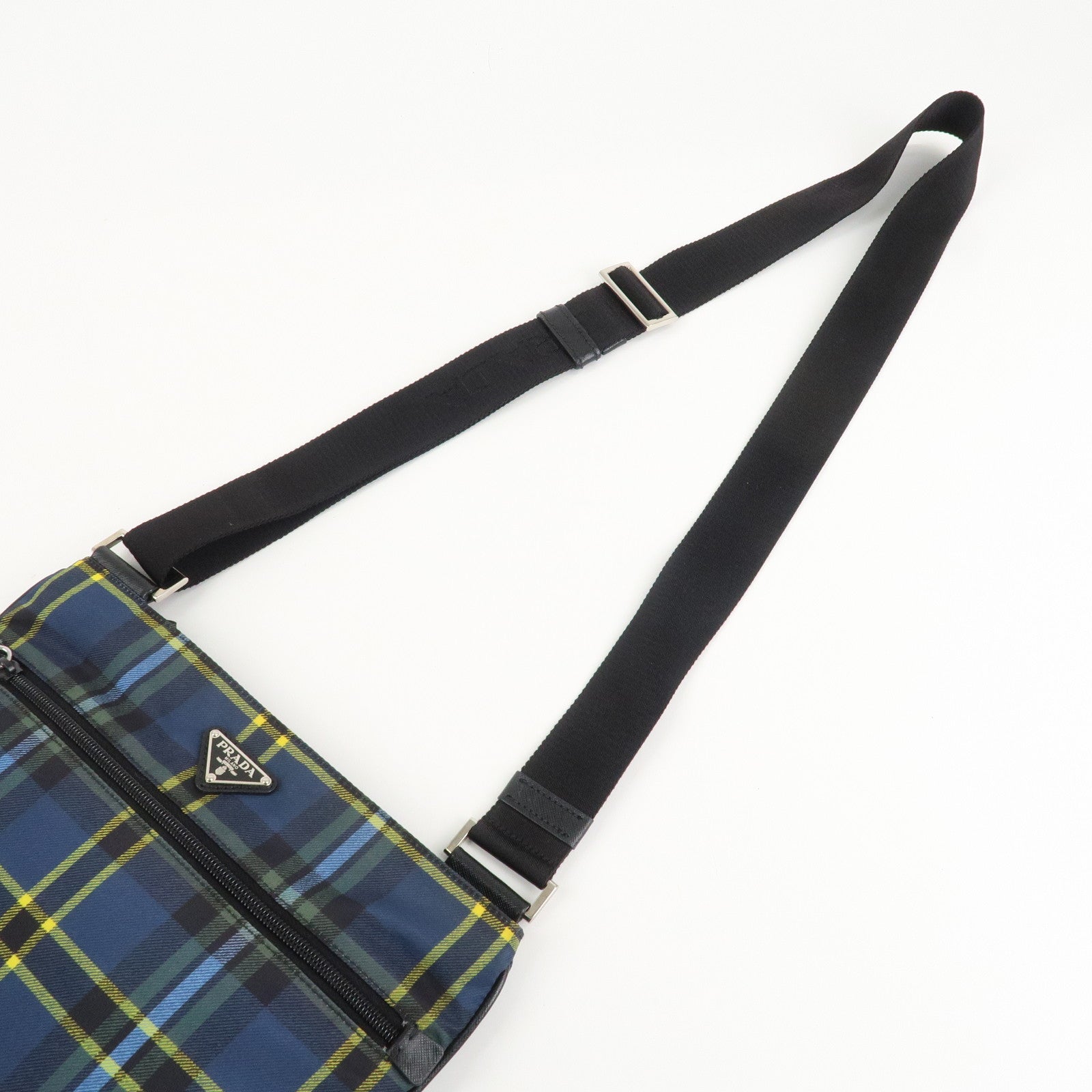 PRADA Triangle Logo Nylon Plaid Shoulder Bag Navy Multicolor VA053M Used