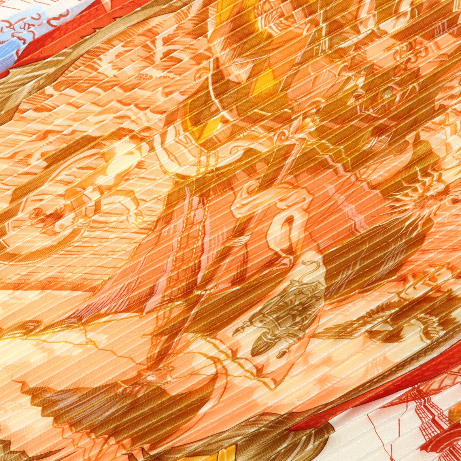 HERMES Pleated Carre Silk 100% Scarf Au-dela Des Cinq Mers Orange
