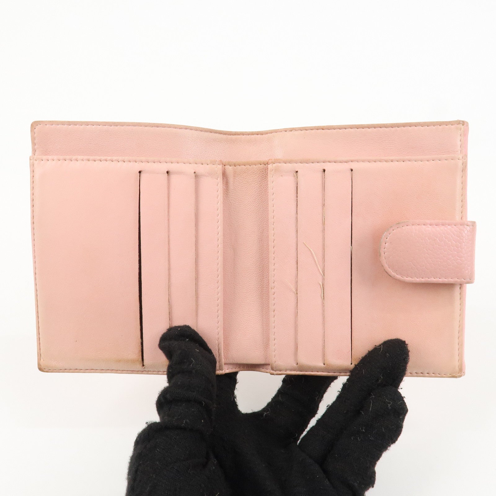 CHANEL COCO Mark Caviarskin Double Hook Wallet Pink A13496 Used