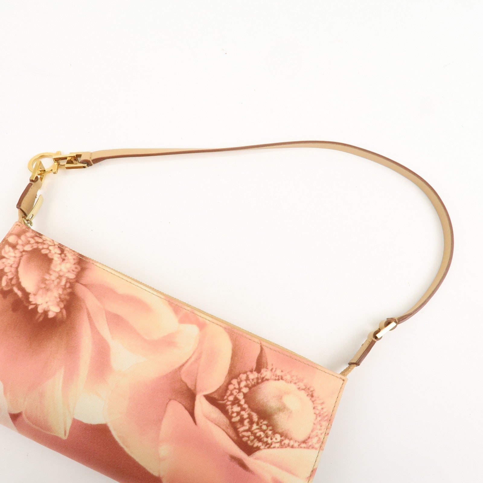 Ferragamo Gancini Nylon Leather Shoulder Bag Hand Bag Flower Pink