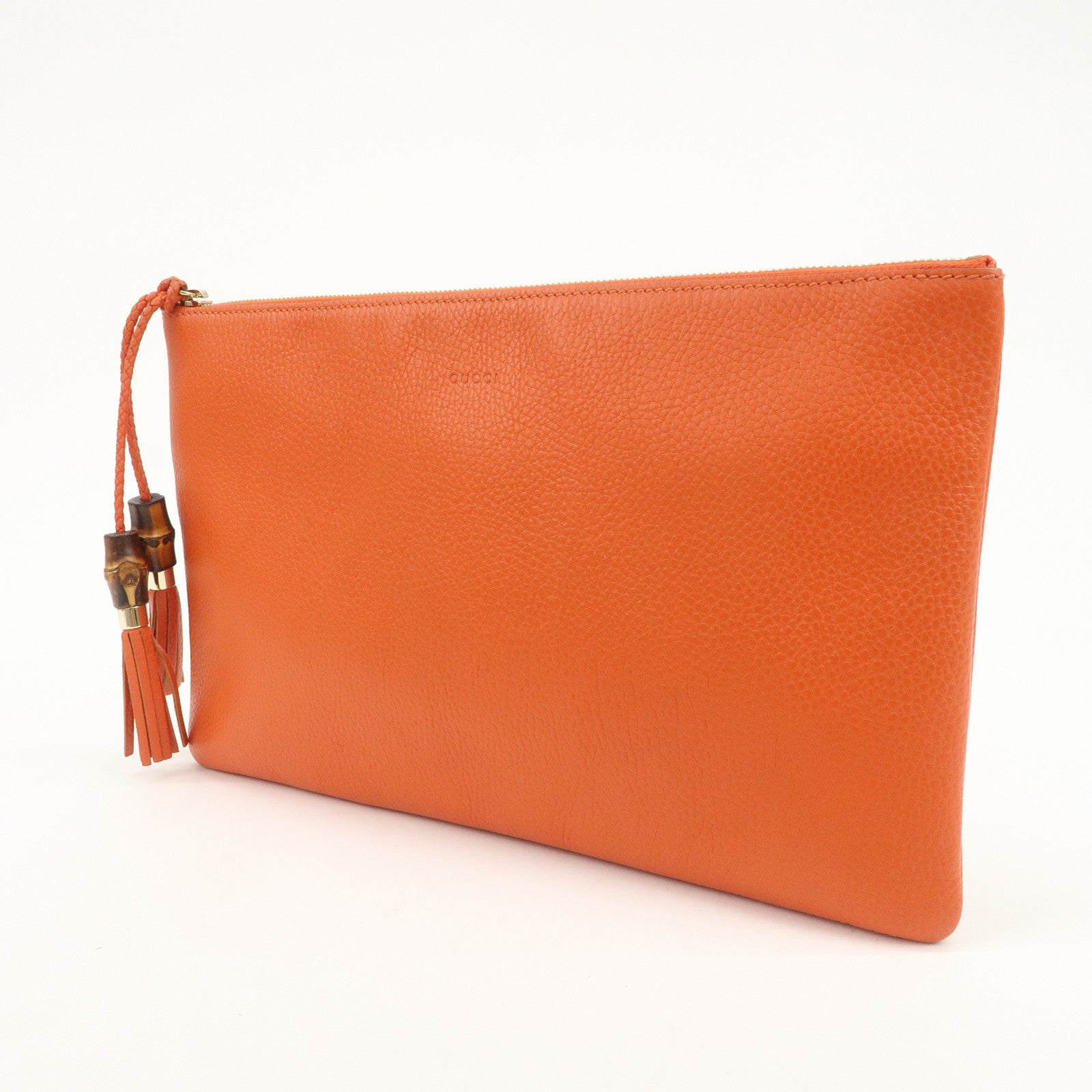 GUCCI Bamboo Logo Leather Clutch Bag Pouch Orange 449653