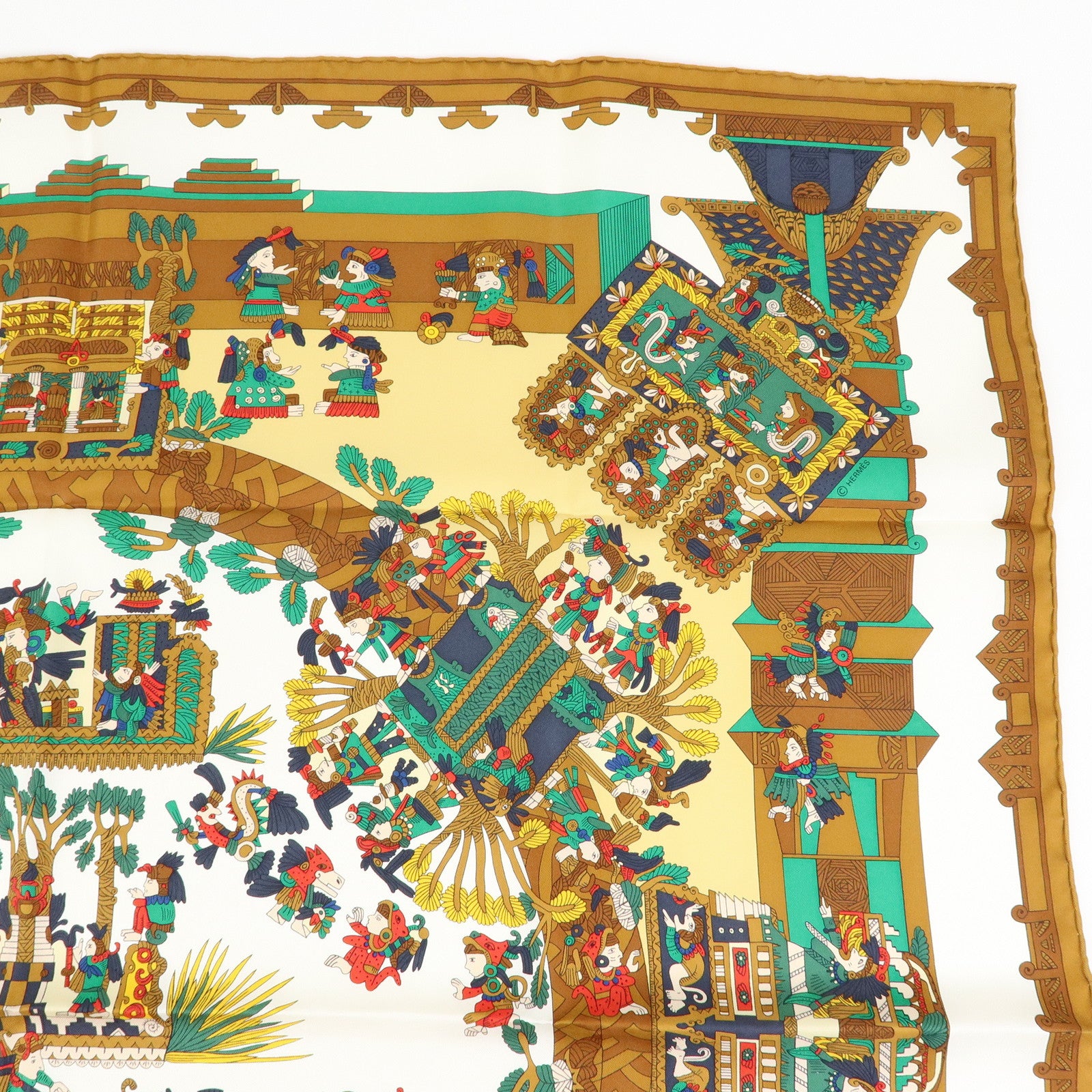 HERMES Carre 90 Silk 100% Scarf ASTRES et SOLEILS Brown Green White