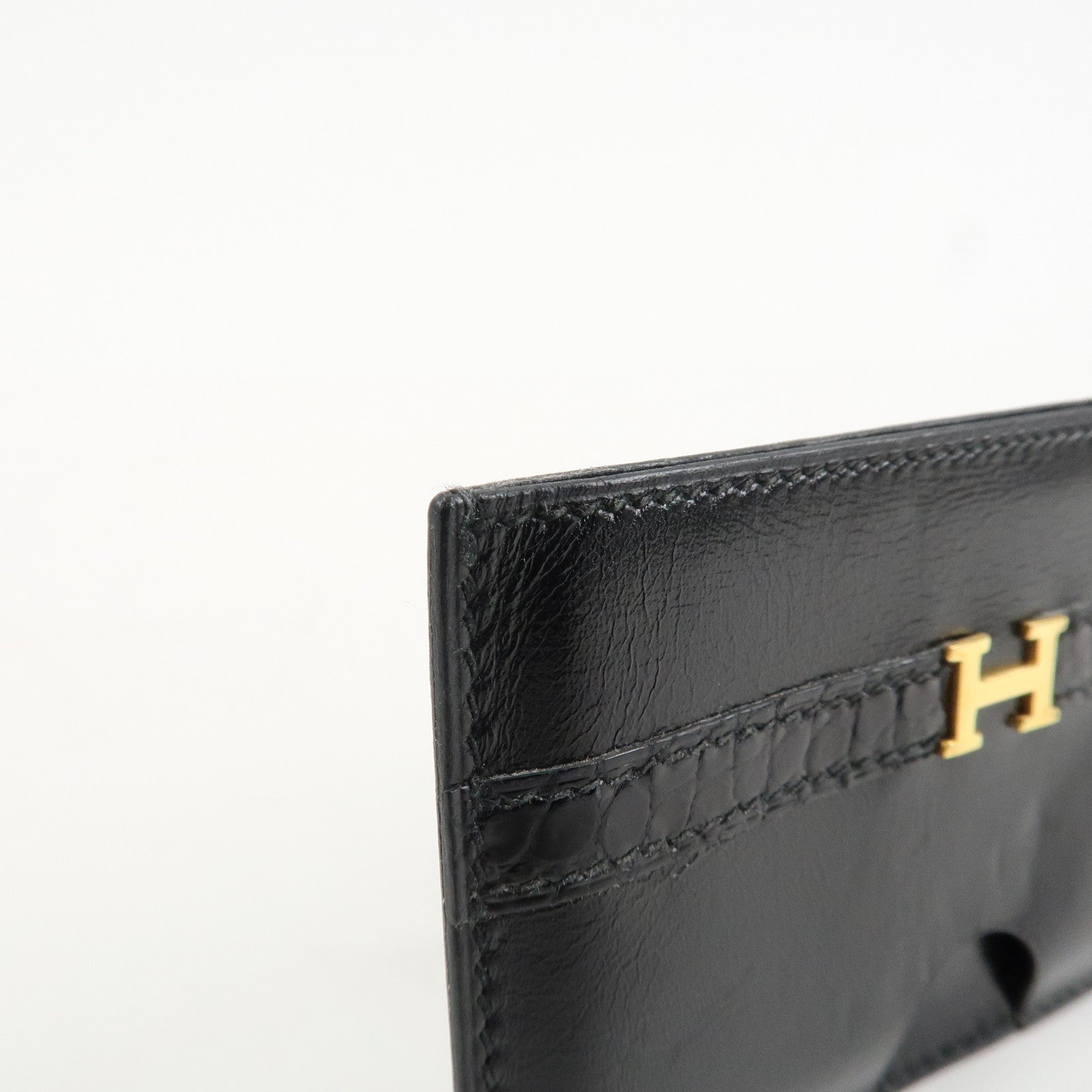 HERMES Leather □T Stamped Card Case Balck Gold Used
