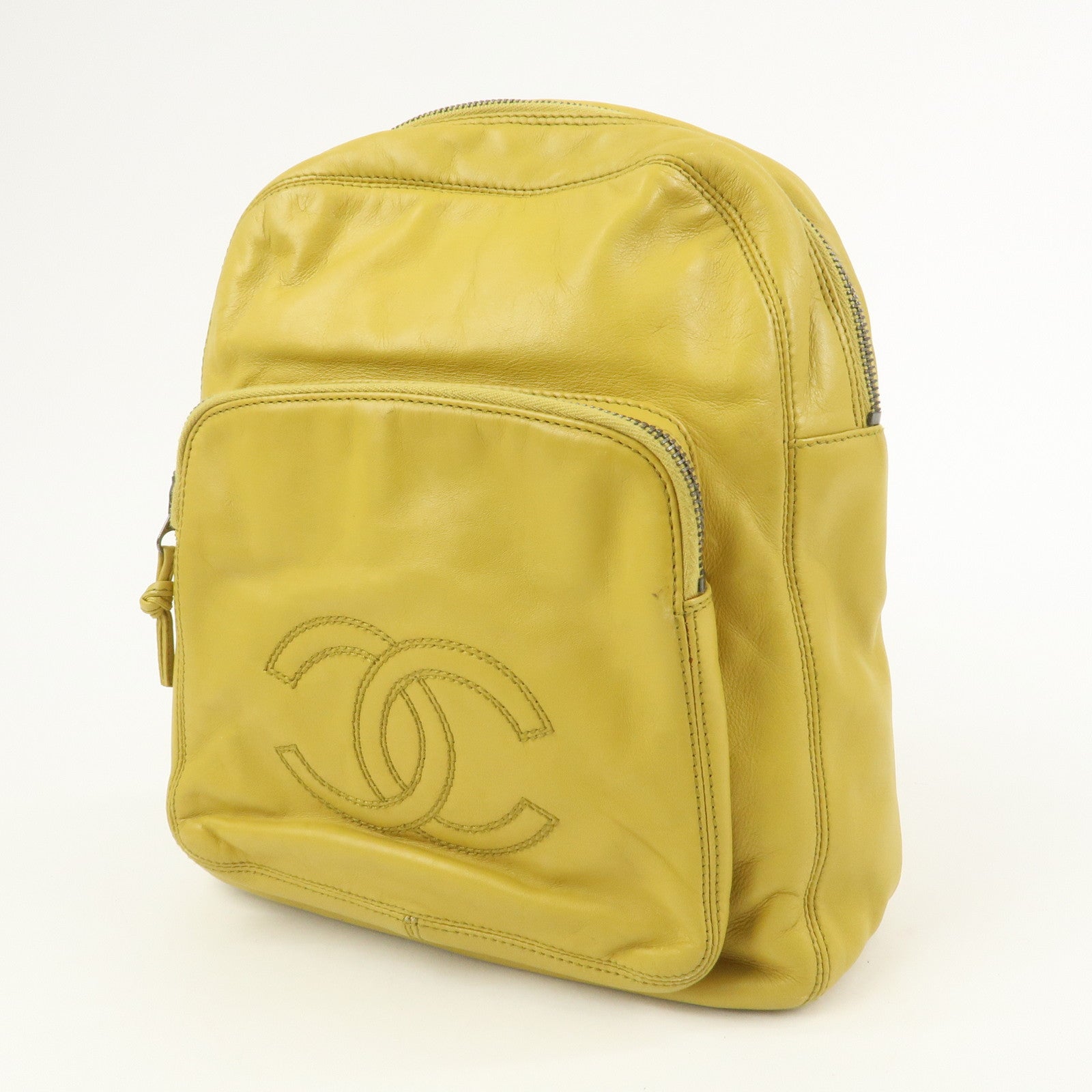 CHANEL COCO Mark Lamb Skin Back Pack Ruck Suck Yellow