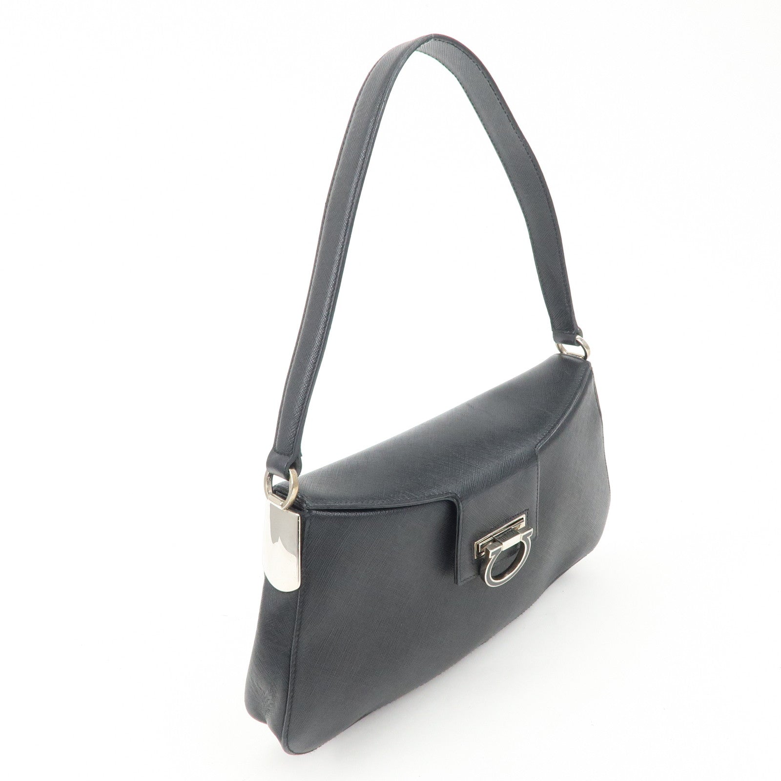 Ferragamo Gancini Leather Shoulder Bag Hand Bag Black Silver HDW