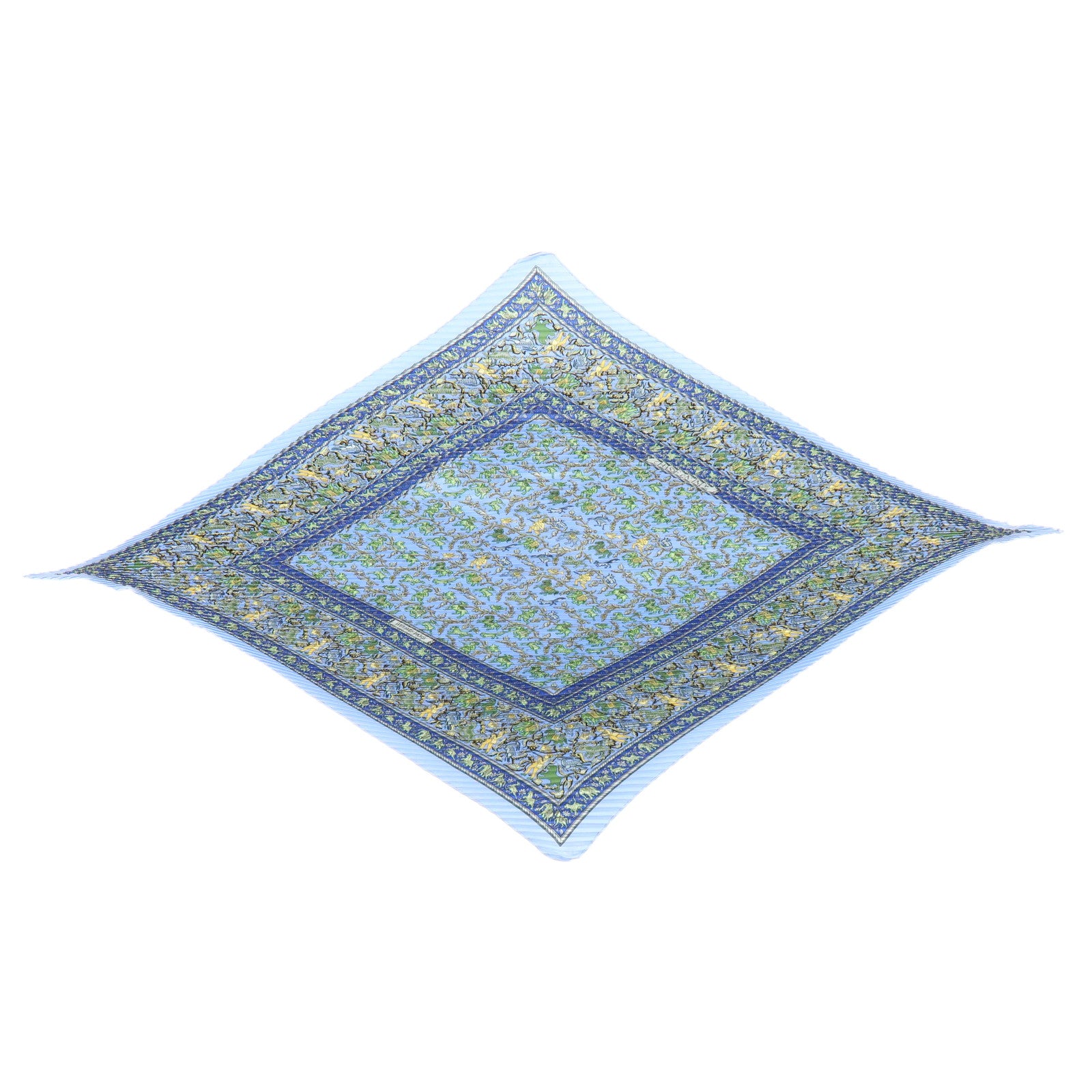 HERMES Pleats Carre Silk 100% Scarf CHASSE EN INDE Blue