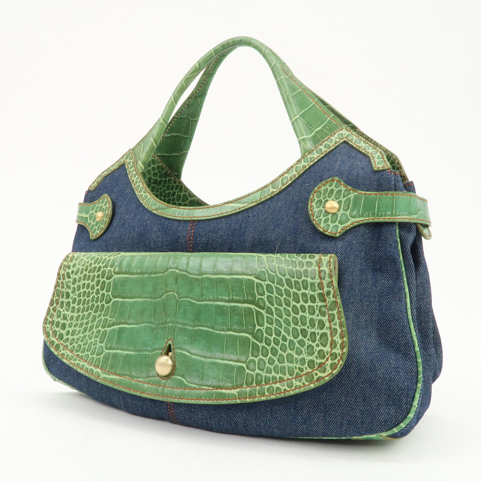TOD’S Logo Denim Emboss Leather Hand Bag Shoulder Bag Blue Green
