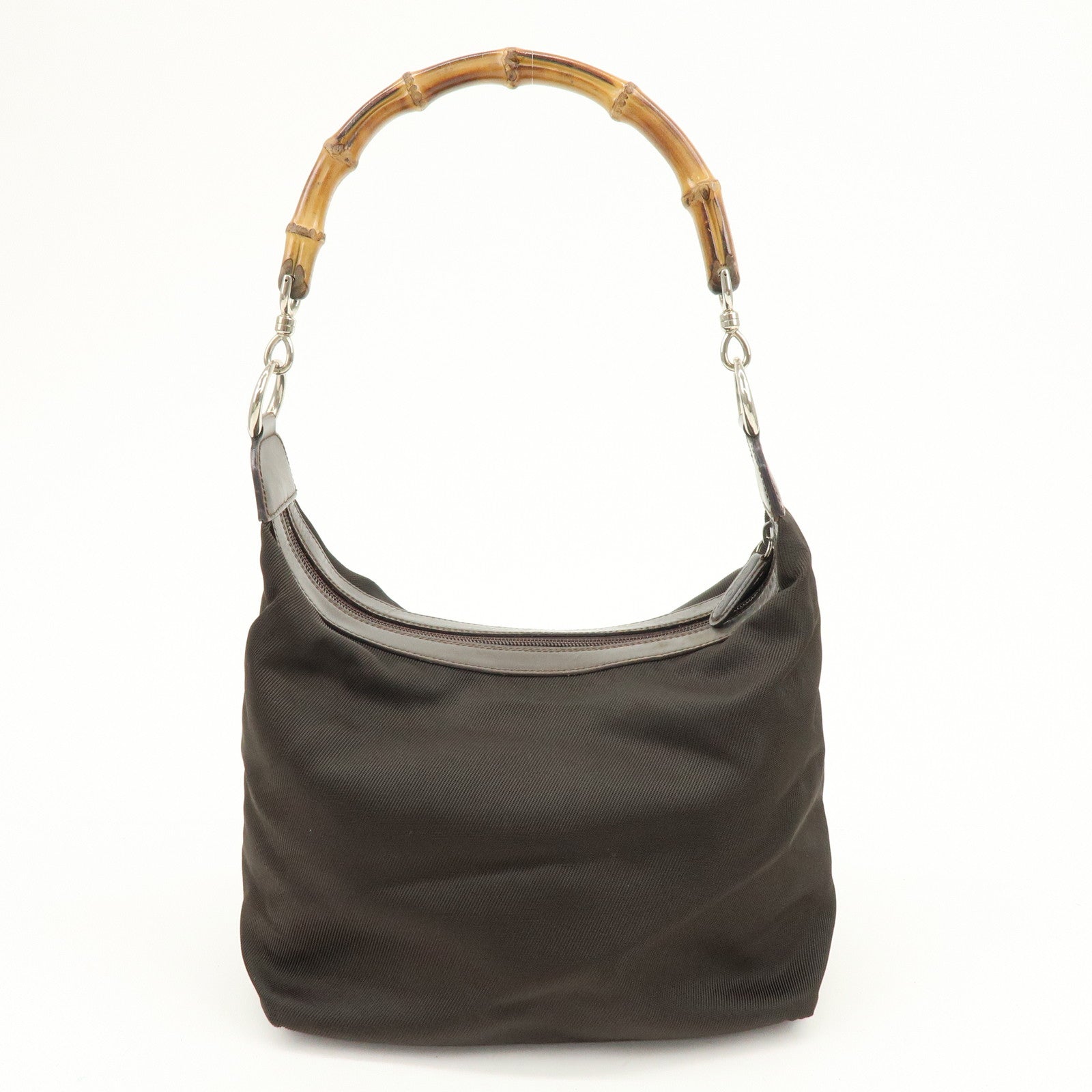 GUCCI Bamboo Nylon Leather Shoulder Bag Hand Bag Brown 000・2214
