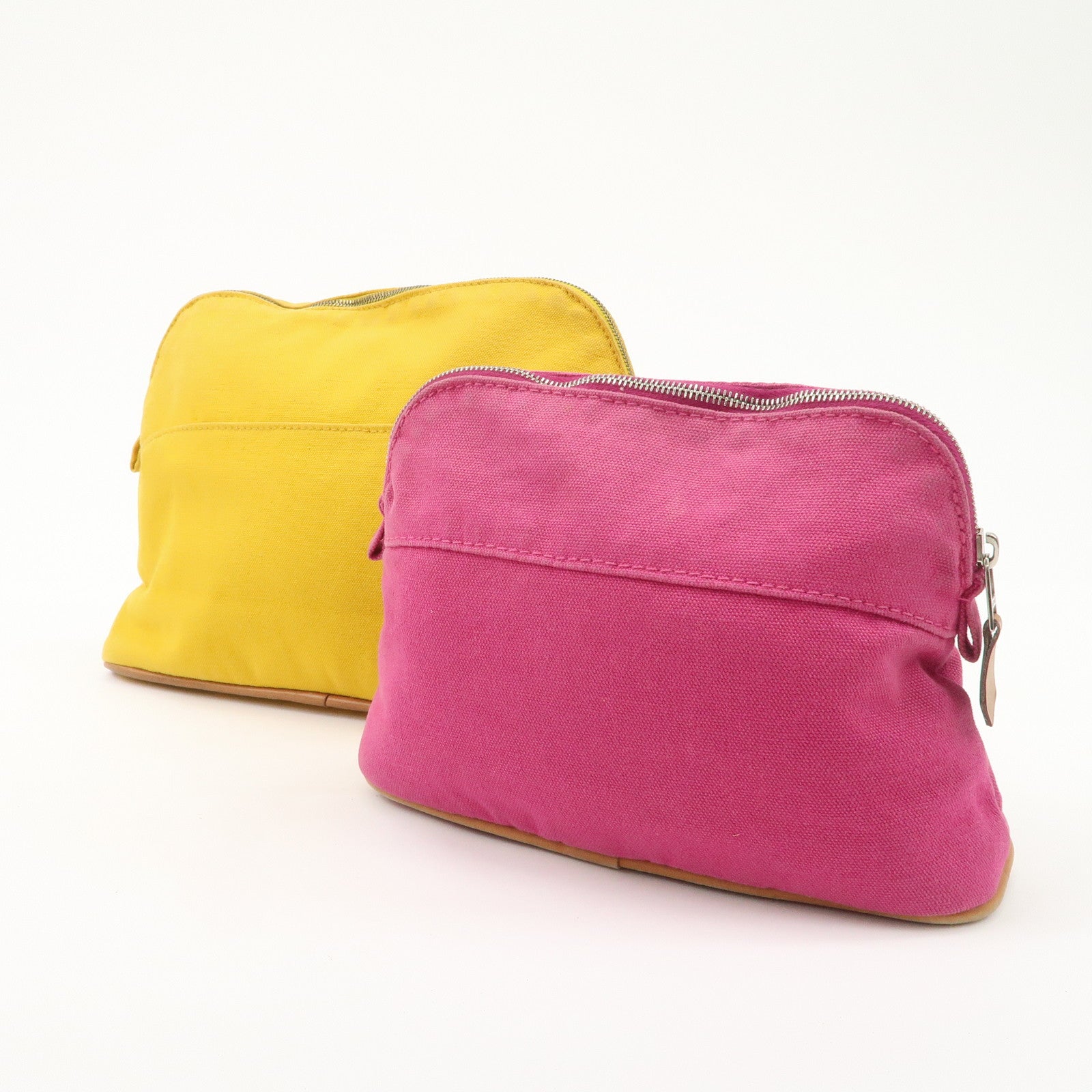 HERMES Set of 2 Leather Canvas Pouch Cosmetic Pouch Pink Yellow Used