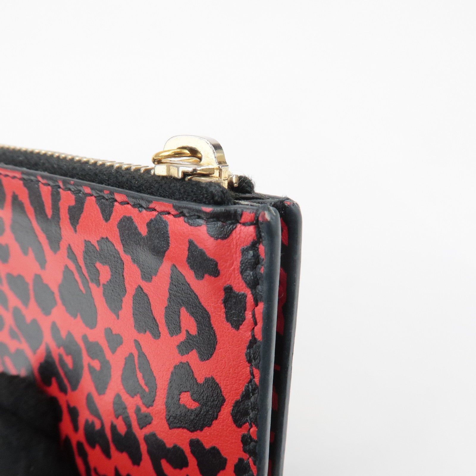 Saint Lauren Leather Animal Leopard Coin Case Card Case Black Red Used