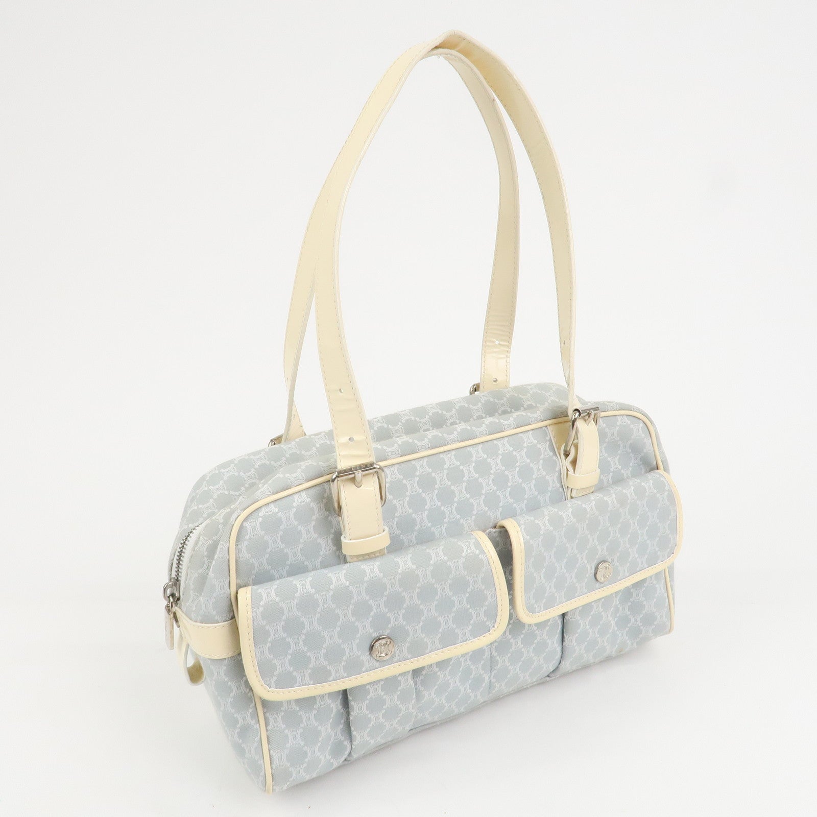 CELINE Macadam Canvas Leather Shoulder Bag Hand Bag Blue Ivory