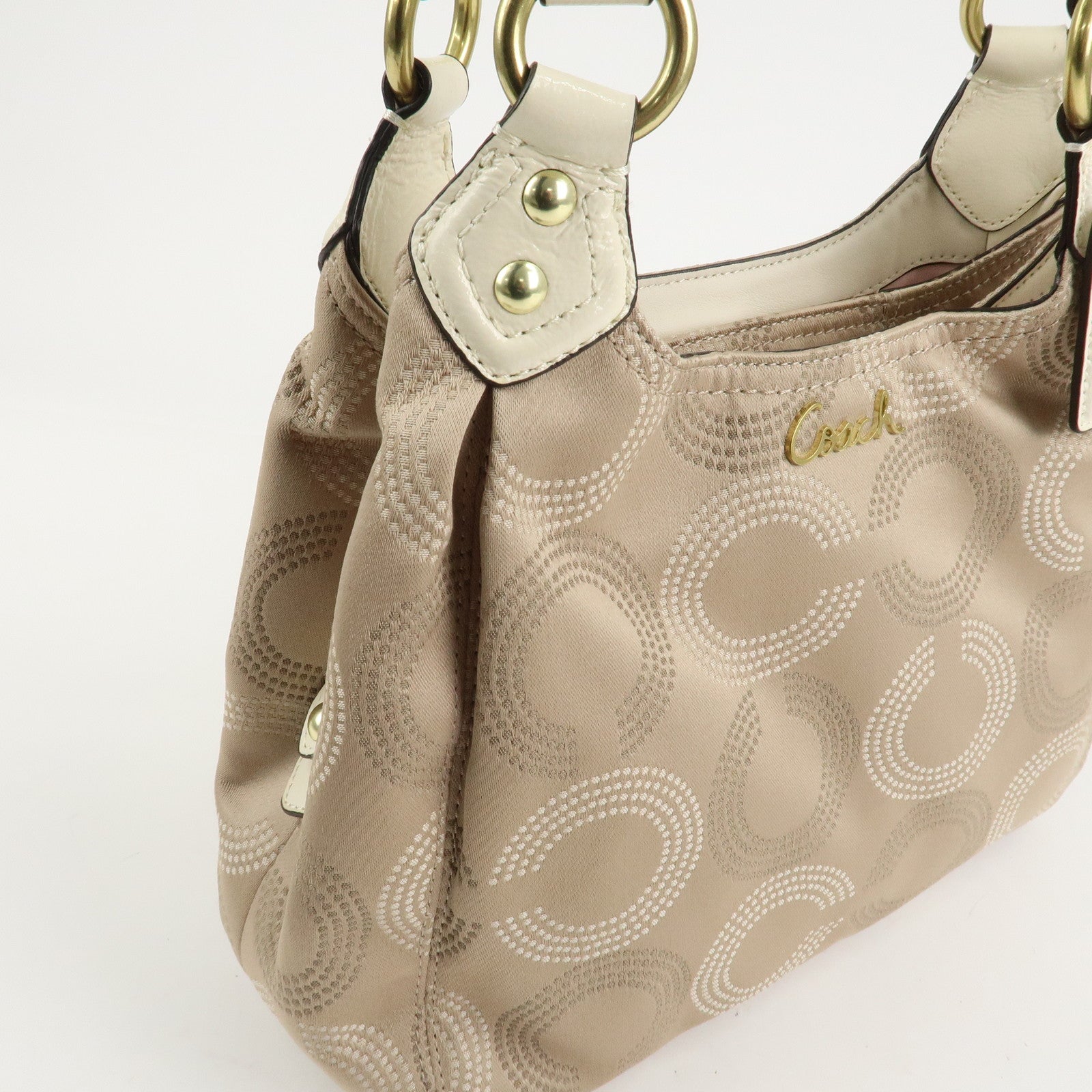 COACH Ashley Canvas Patent Leather Dot Op Art Hobo Bag Beige F21920 Used
