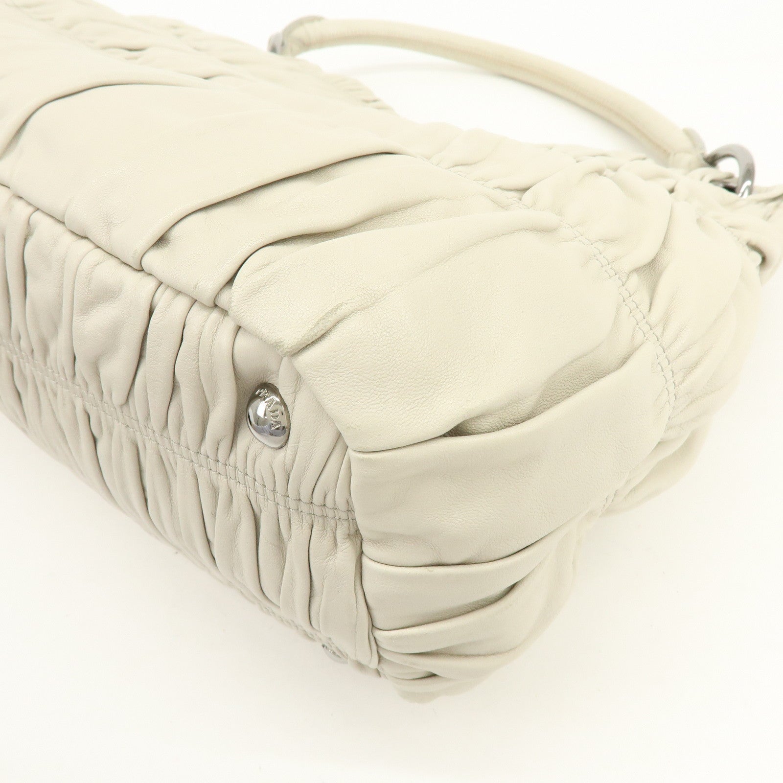 PRADA Gathered Leather Shoulder Bag Hand Bag Light Beige