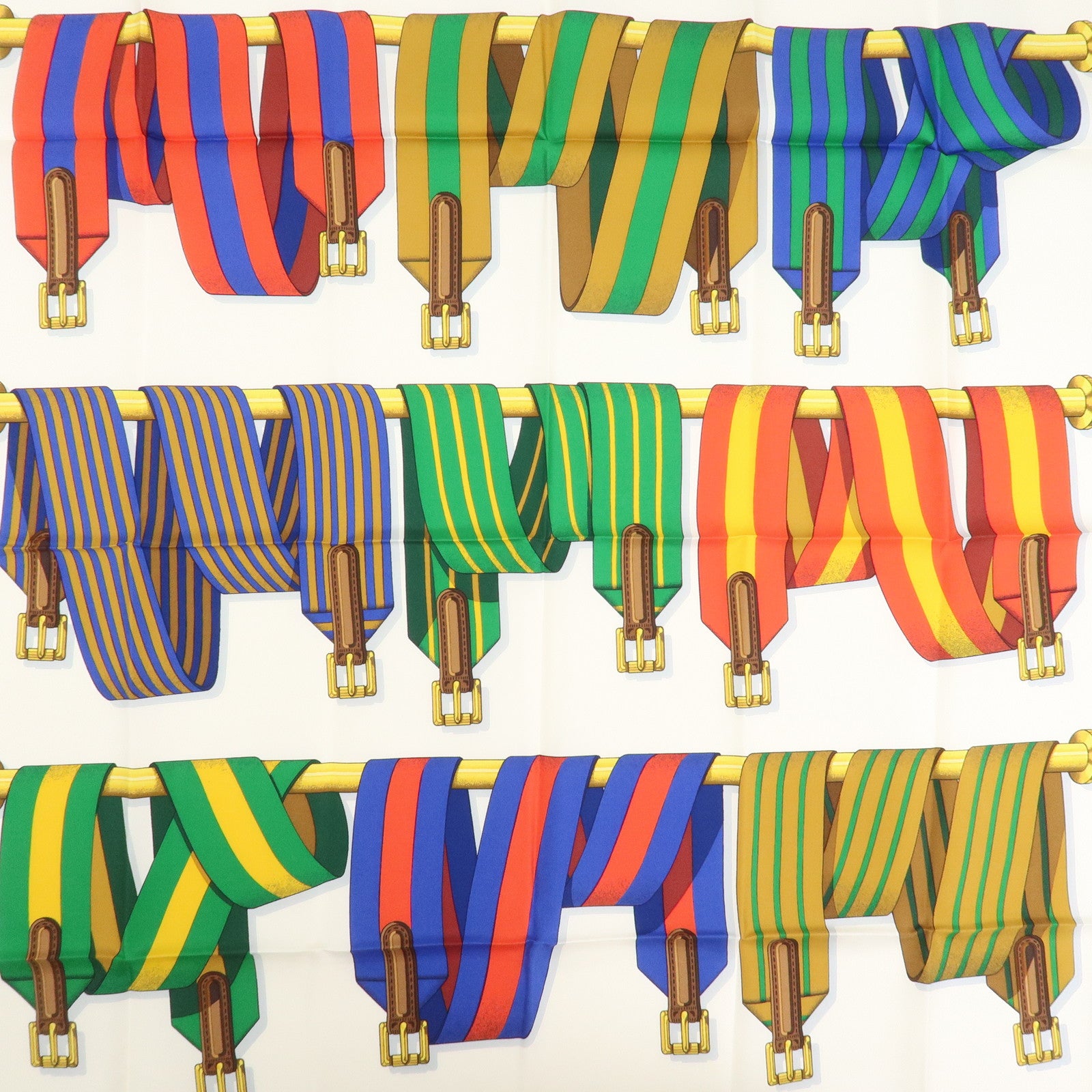 HERMES Carre 90 Silk 100% Scarf J.METZ Les Sangles White Navy