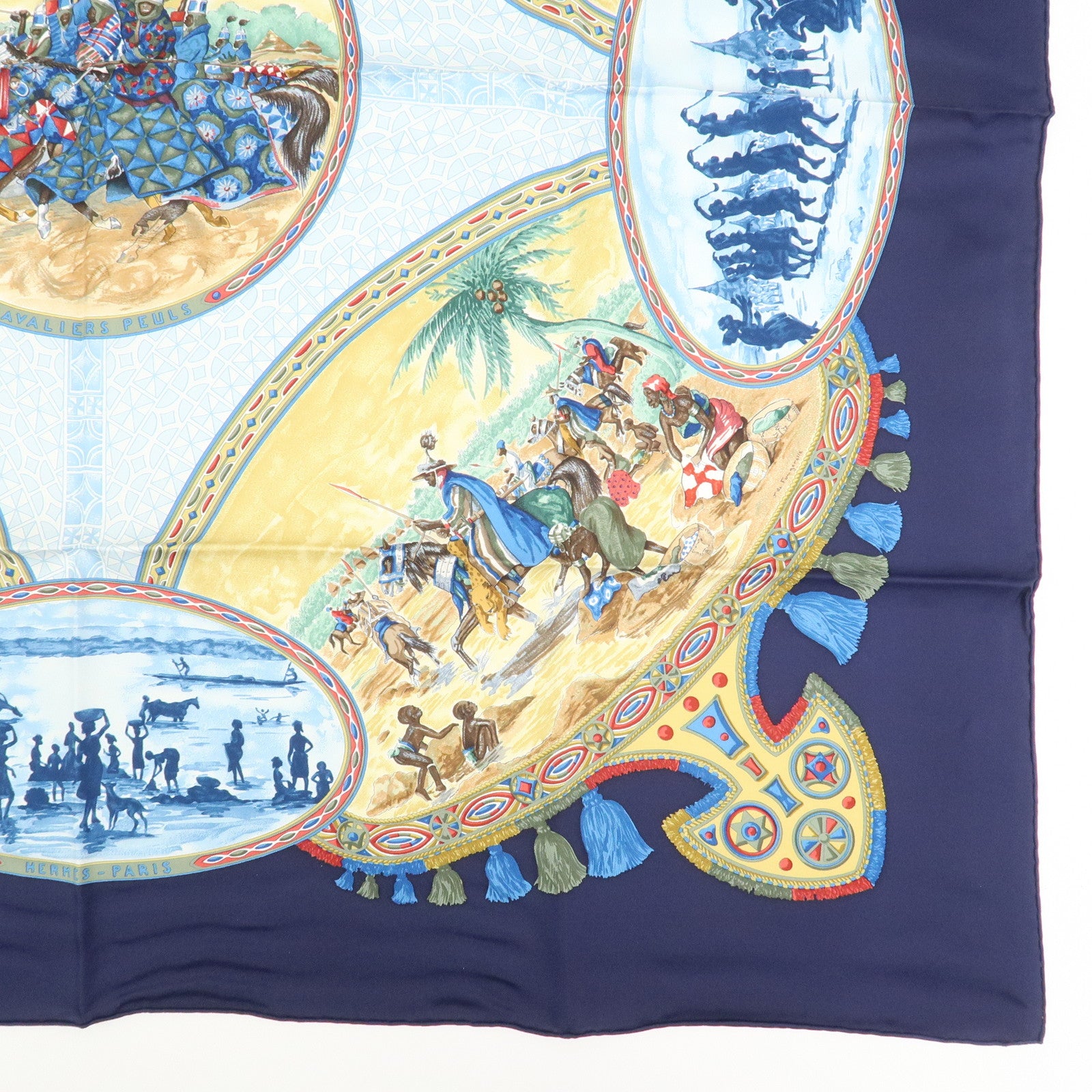 HERMES Carre 90 Silk 100% Scarf CAVALIERS PEULS Blue Yellow