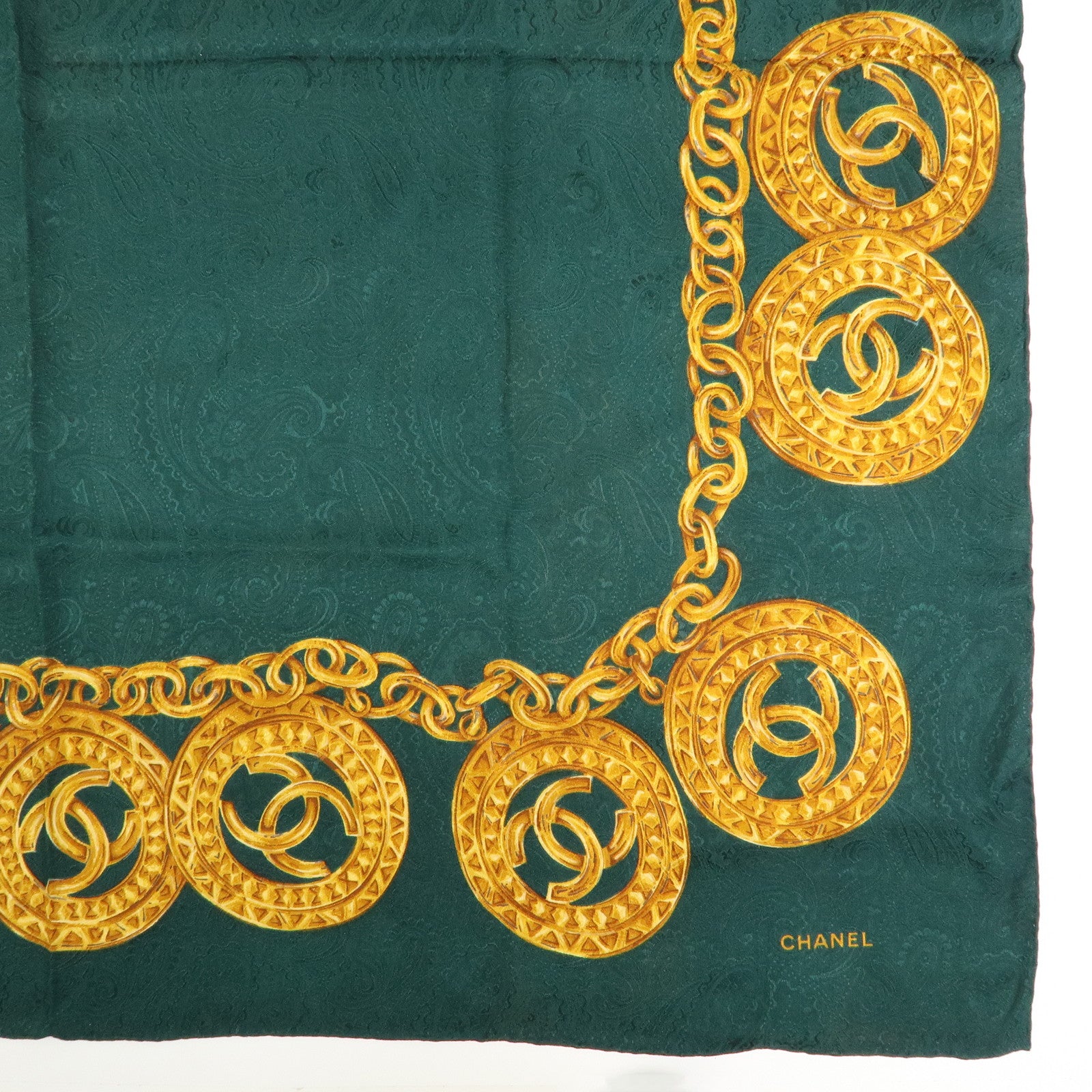 CHANEL COCO Mark Silk 100% Scarf Green Gold