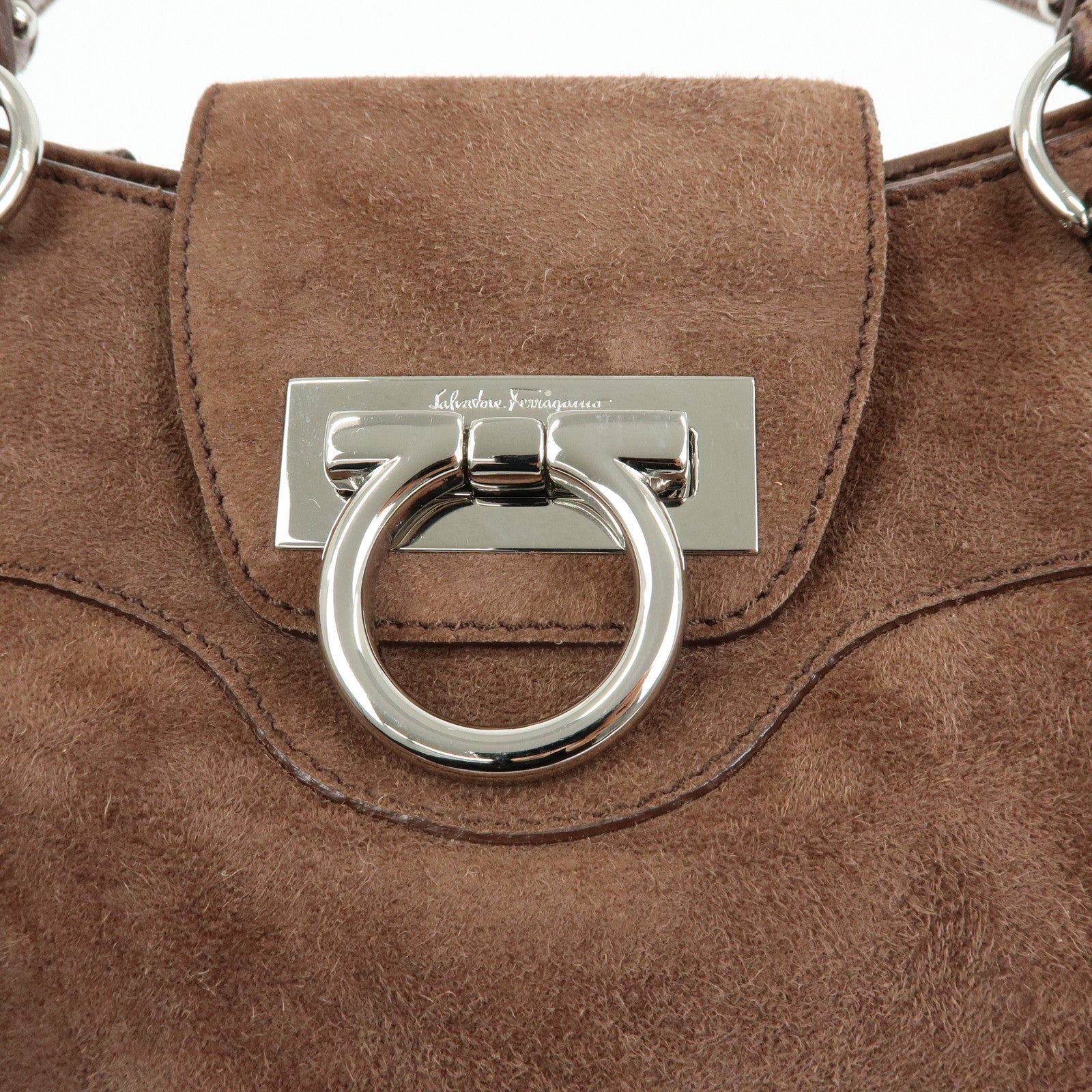 Ferragamo Gancini Suede Leather Shoulder Bag Hand Bag Brown