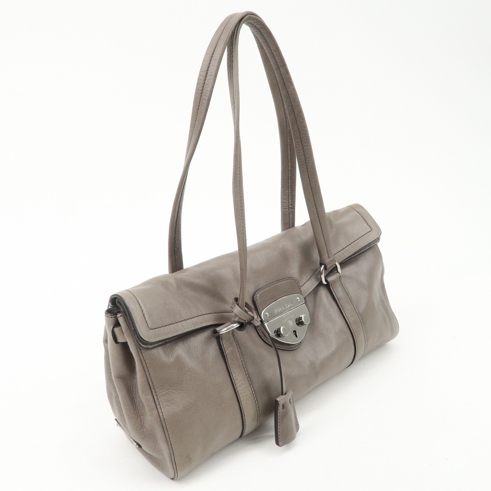 PRADA Triangle Logo Leather Shoulder Bag Gray BR3274