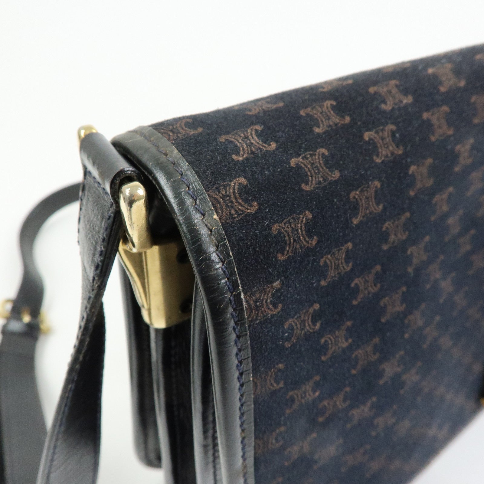 CELINE Macadam Suede Leather Shoulder Hand Bag Bag Navy