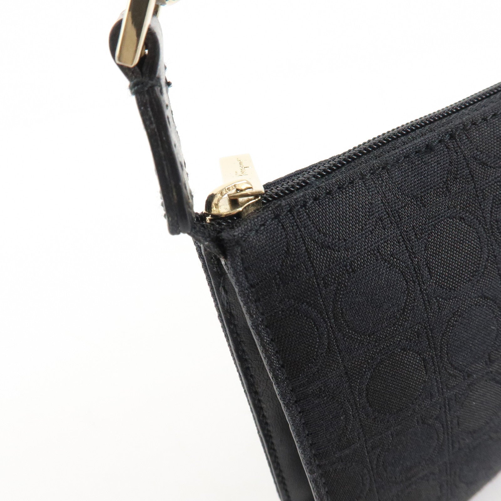 Ferragamo Ganchini Canvas Leather Shoulder Bag Hand Bag Black Used