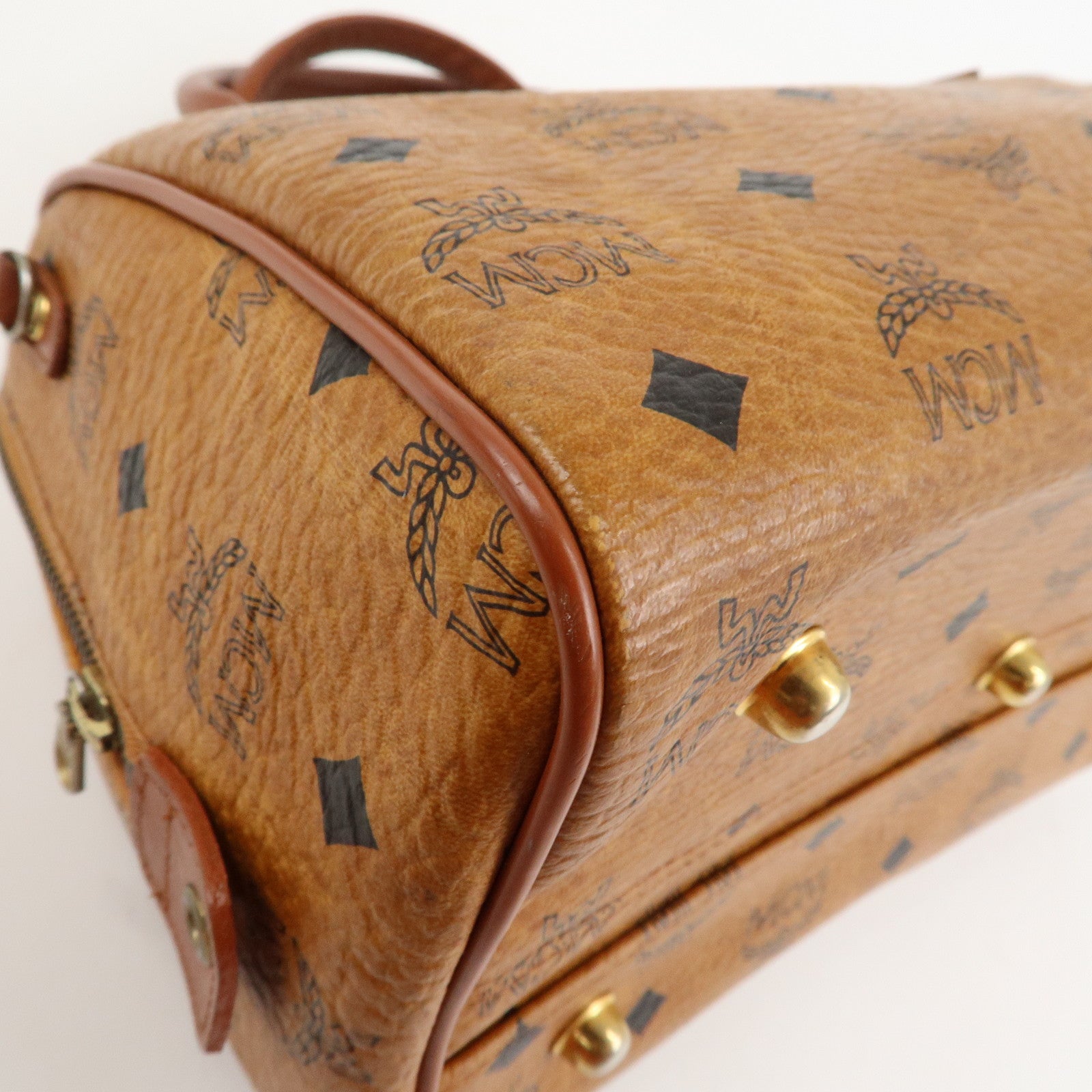 MCM Visetos Leather Boston Bag Hand Bag Brown Gold Hardware Used