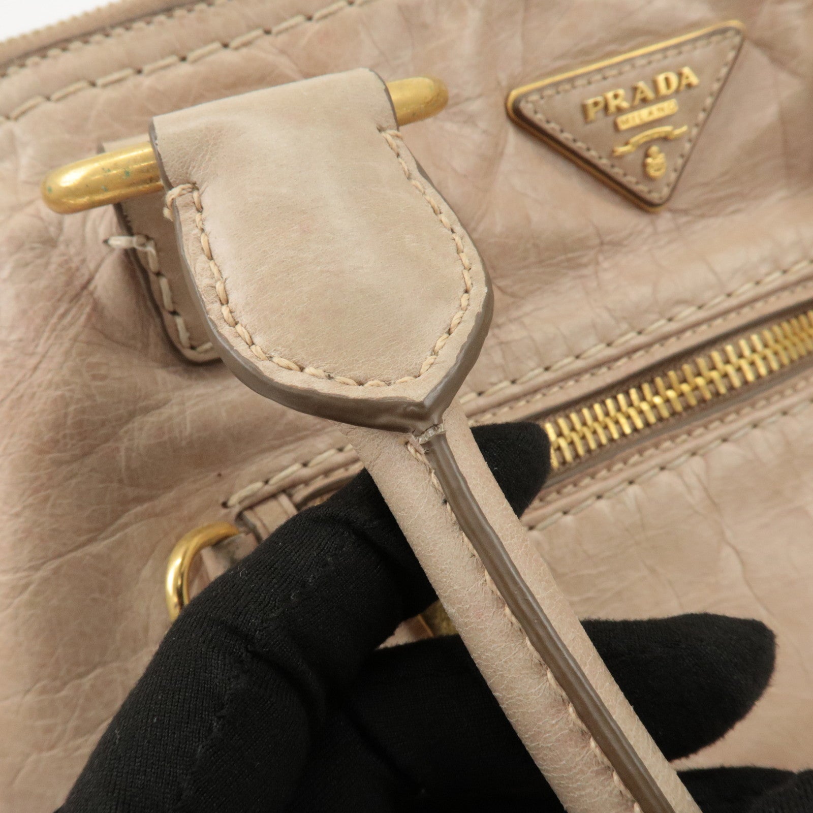 PRADA Triangle Logo Leather 2Way Bag Tote Bag Shoulder Bag Beige Used